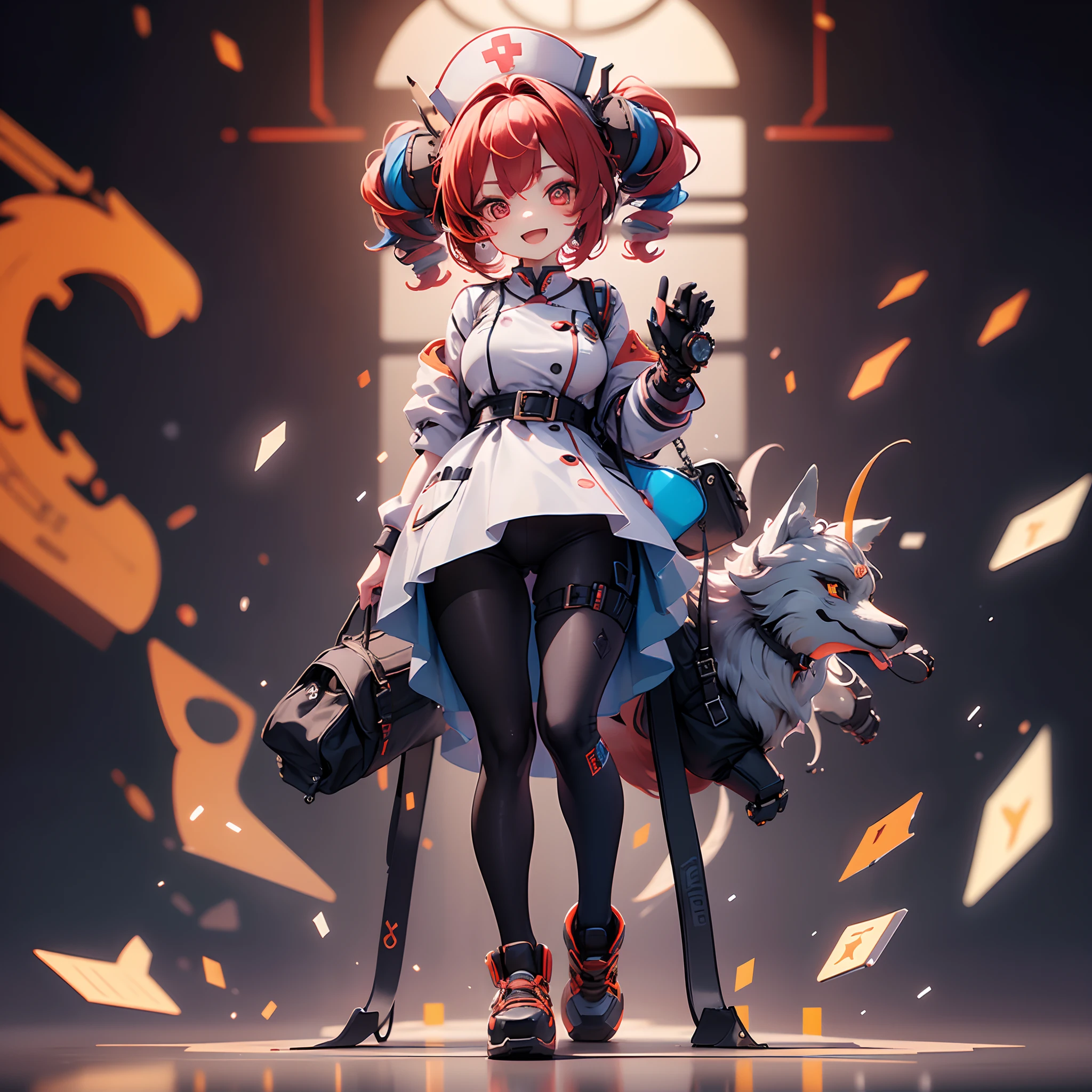 (((Mechanical Female Doctor ,Evil sensual smile))), fullllbody,without background,Young doctor with sexy fox face, Nurse Cap,Fox ears,Fox Face,mechanical clothing, marks ,Machine-based hand, striated hair, Red hair, Blue hair, eye reflections, makeup, open open mouth,Mechanical Bag, high detal, Gothic art, barroco, motion-blur, Ray traching, reflective light, multiple views, Perspective, ultra wide-angle, masterpiece, Anatomically correct, Textured Leather, Super Detail, High Details, hightquality, Better Quality, Haute,