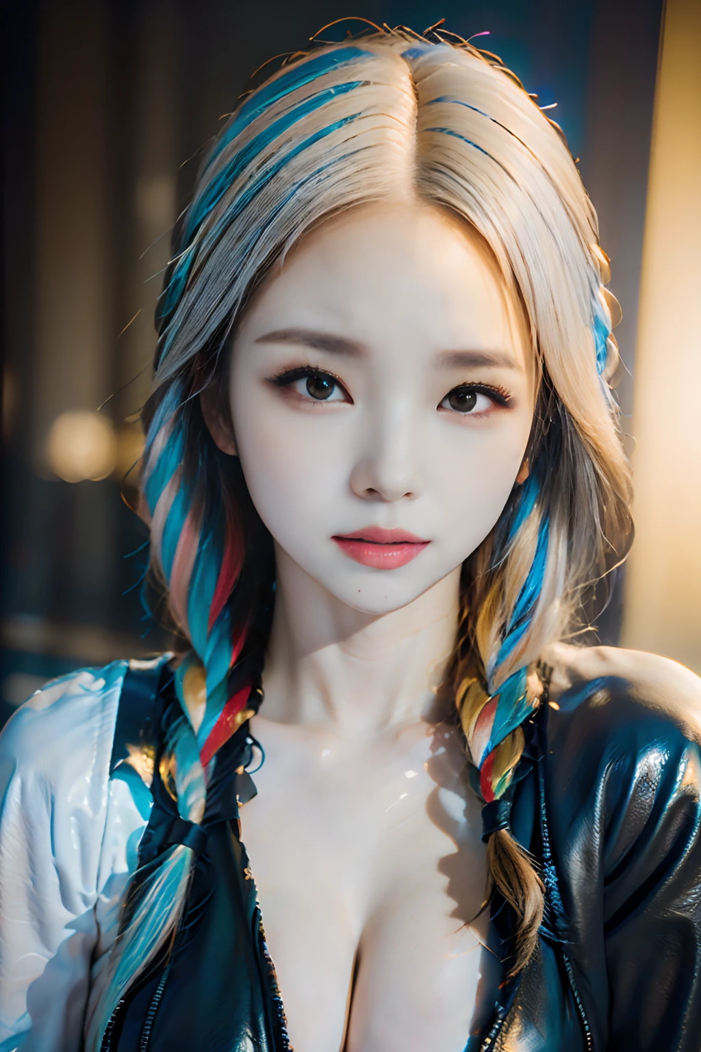 (((top-quality、masuter piece、Supergianthugebreasts((of the highest quality, 8K, masutepiece:1.3)), 1 girl, (Large breasts:1.3), Realistic, High resolution, ((Highly detailed face and skin texture)), ((Lifelike face)), Perfect body proportions, ((Smooth skin, flawless skin, Whitening skin, Shiny skin)), ((Ultra-detailed face)), Double eyelids, Eye of Detail, Professional Lighting, Cinematic lighting, ((Main color white and colorful hair)), Braid hair, ((Very long hair)),Cyberpunk style, Leather clothing, Accessories, Jewelry, The background is nothing more than that、8k)))、独奏、Kawaii Girl
