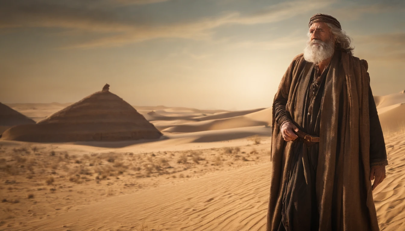 um homem encapuzado andando no deserto, holding a staff and a hand, with a sky background, portrait of bedouin d&d, ainda de um filme live action, Directed by: Étienne Delessert, Disparo IMAX, James Gurney e Andreas Rocha, Filme ainda de Duna 2020, medium shot of two characters, Danube, Sony Fotos, 4k ainda, Movie image of biblical prophet, he looks up to heaven and cries out to God to hear him, com tons quentes e terrosos, e sombras profundas, has a wise expression, --V 5 --Estilizar 1000, Biblical prophet cries out to God for the lives of his people, obra-prima, detalhes intrincados, cinemactic, The biblical prophet looks to heaven, A beautiful blue sky with some clouds, It's in the Sinai Desert, em uma colina, In the background is the desert and a small biblical village in the background, 50-Year-Old Biblical Character, no deserto: epic realistic, Soft cinematic portrait, Adobe Lightroom, photographic lab, altamente detalhado, desbotado, arte de greg rutkowski e artgerm ,cores neutras: 1,2), (HDR: 1,4) , (cores suaves:1.2), hiperdetalhado, (art-station:1.4), cinemactic, luzes quentes, dramatic light, (detalhes intrincados:1.1), fundo complexo, (Rutkowski:0.66), (azul e laranja:0.4), cinemactic, wears a brown robe and is looking up at the sky, (((olhos perfeitos, expressivos))), 8k, olha para cima, to the sky still blue, ((olhar perfeito, Expressivo))), (((apenas um homem))), ((barba curta grisalha e cabelo curto grisalhos)), Looking Up The Sky, (((olhos perfeitos)) Epic image, cinematographic, Cinematic 8K, imagem de meio corpo, plano americano, He is alone and his eyes staring at the blue sky with some clouds, (((olhos bem detalhados, very sharp, expressivos))) ((tem barba curta e cabelo curto grisalho)), 8k, cinemactic, obra-prima, (((um homem))), ((((is alone in the desert)))), olhos perfeitos e expressivos, It's just a man and it's alone,