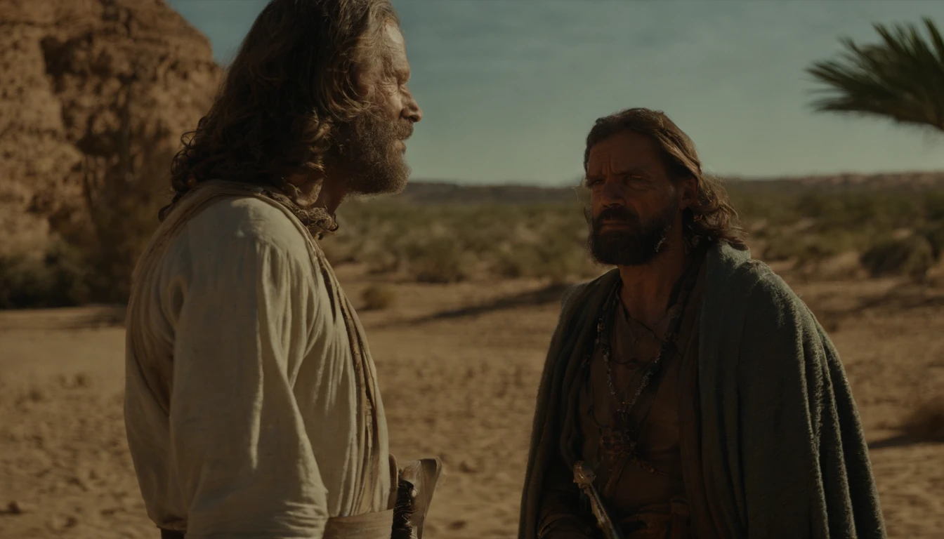 um homem encapuzado andando no deserto, holding a staff and a hand, with a sky background, portrait of bedouin d&d, ainda de um filme live action, Directed by: Étienne Delessert, Disparo IMAX, James Gurney e Andreas Rocha, Filme ainda de Duna 2020, medium shot of two characters, Danube, Sony Fotos, 4k ainda, Movie image of biblical prophet, he looks up to heaven and cries out to God to hear him, com tons quentes e terrosos, e sombras profundas, has a wise expression, --V 5 --Estilizar 1000, Biblical prophet cries out to God for the lives of his people, obra-prima, detalhes intrincados, cinemactic, The biblical prophet looks to heaven, A beautiful blue sky with some clouds, It's in the Sinai Desert, em uma colina, In the background is the desert and a small biblical village in the background, 50-Year-Old Biblical Character, no deserto: epic realistic, Soft cinematic portrait, Adobe Lightroom, photographic lab, altamente detalhado, desbotado, arte de greg rutkowski e artgerm ,cores neutras: 1,2), (HDR: 1,4) , (cores suaves:1.2), hiperdetalhado, (art-station:1.4), cinemactic, luzes quentes, dramatic light, (detalhes intrincados:1.1), fundo complexo, (Rutkowski:0.66), (azul e laranja:0.4), cinemactic, wears a brown robe and is looking up at the sky, (((olhos perfeitos, expressivos))), 8k, olha para cima, to the sky still blue, ((olhar perfeito, Expressivo))), (((apenas um homem))), ((barba curta grisalha e cabelo curto grisalhos)), Looking Up The Sky, (((olhos perfeitos)) Epic image, cinematographic, Cinematic 8K, imagem de meio corpo, plano americano, He is alone and his eyes staring at the blue sky with some clouds, (((olhos bem detalhados, very sharp, expressivos))) ((tem barba curta e cabelo curto grisalho)), 8k, cinemactic, obra-prima, (((um homem))), ((((is alone in the desert)))), olhos perfeitos e expressivos, It's just a man and it's alone,