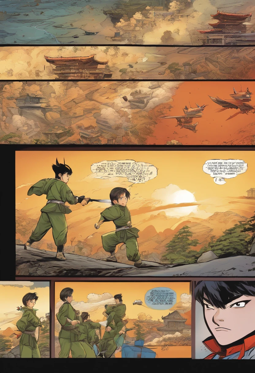 Japanese comics, anime, the comic story is presented in multiple irregular panels with color, a young Asian boy is being chased by military men, he has super powers but is reluctant to use them, martial arts style. The style is exaggerated and detailed