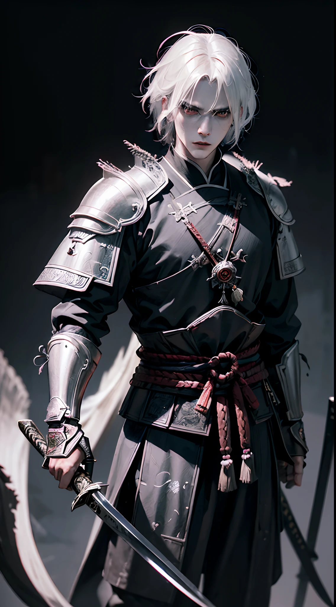 (Man warrior), (legendary assassin), (devils eyes), (best quality,photo-realistic), white hair, black and red, Japanese traditional art style, ink painting style, dark and mysterious atmosphere, moonlight, dramatic lighting, traditional Japanese tattoo, samurai sword, samurai armor, lone warrior, blurred background adding depth and focus on the main character,