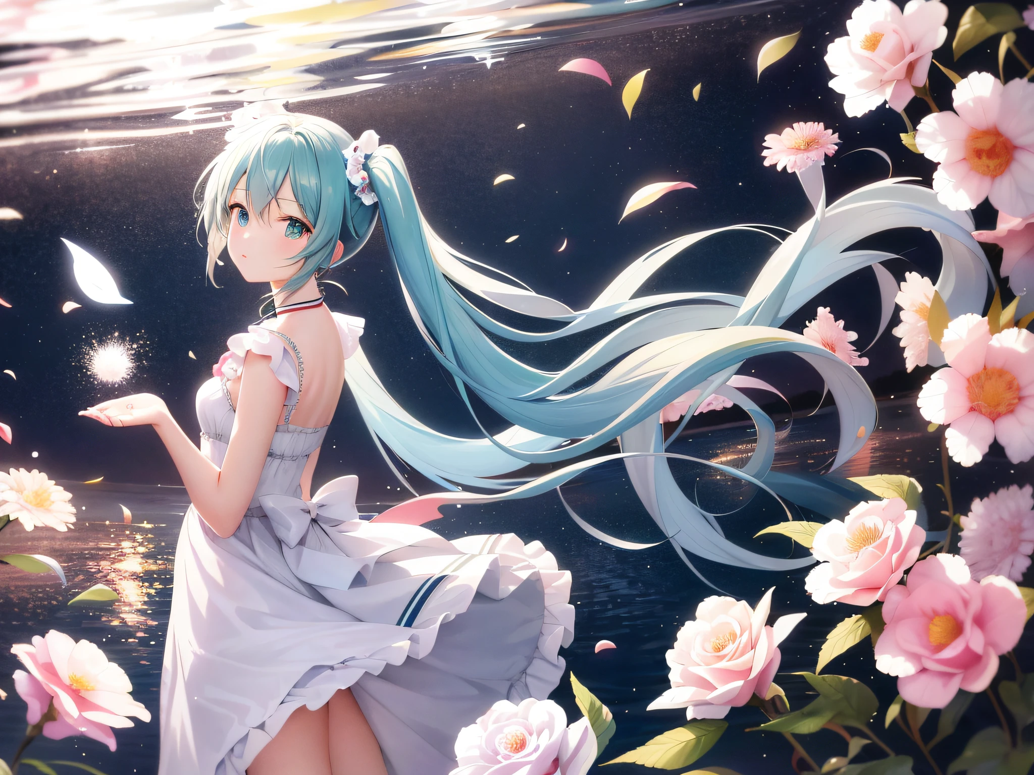 Face focus, Masterpiece, Best quality, 1girll, Hatsune Miku, White roses, petals, Night background, glowworm, light particules, Solo, Double-tailed water-colored hair, aqua eyes, standing, Pisif, Depth of field, Cinematic composition, BEST lighting, Looking up，The figure is on the right and the left is the background，The characters are a little smaller