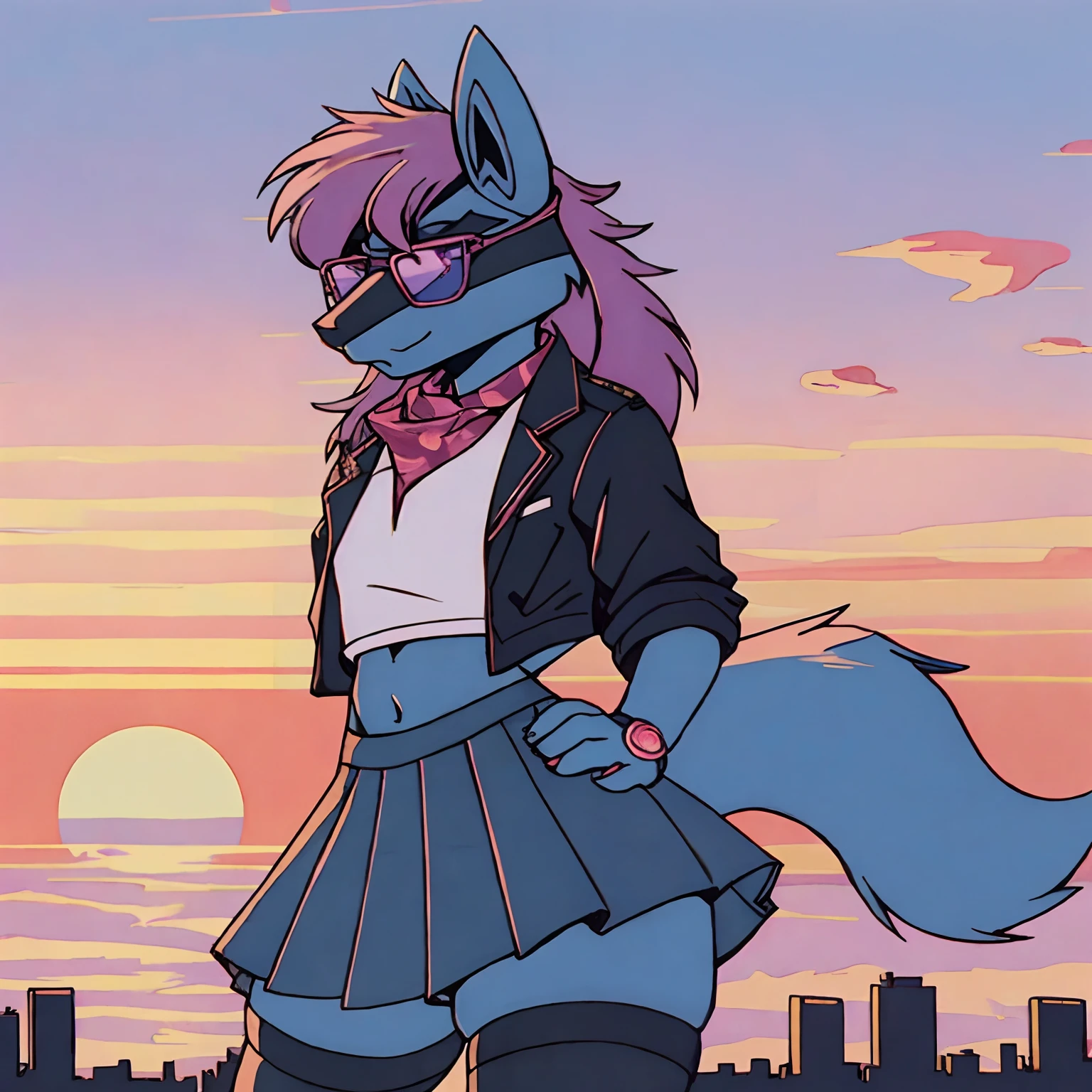 Mute pastel colors, Smooth photos, Retro soul, 1990s animation, 1980s animation, Retro soul, Retro anime style, Masterpiece, Best Quality, Lucario, furry, solo female, Lucario Pokémon, skirt, thigh high socks, crop top black jacket, Retro Lucario fanart, 1990s anime, retro animation, transgender women, sunset over city background, very detailed background, bandana, white chest spike, pink eyes, high definition eyes, very detailed eyes, chubby, small amount of pink hair on top of head with purple highlights, blue fur, cute bandana, trans flag bandana, picturesque background, 1 horizon line, rose tinted rimless glasses, gradient rose tinted glasses, perfect background, beautiful background, black jacket, black face markings, no shirt, midriff, belly button, 1 bandana around neck, black skirt