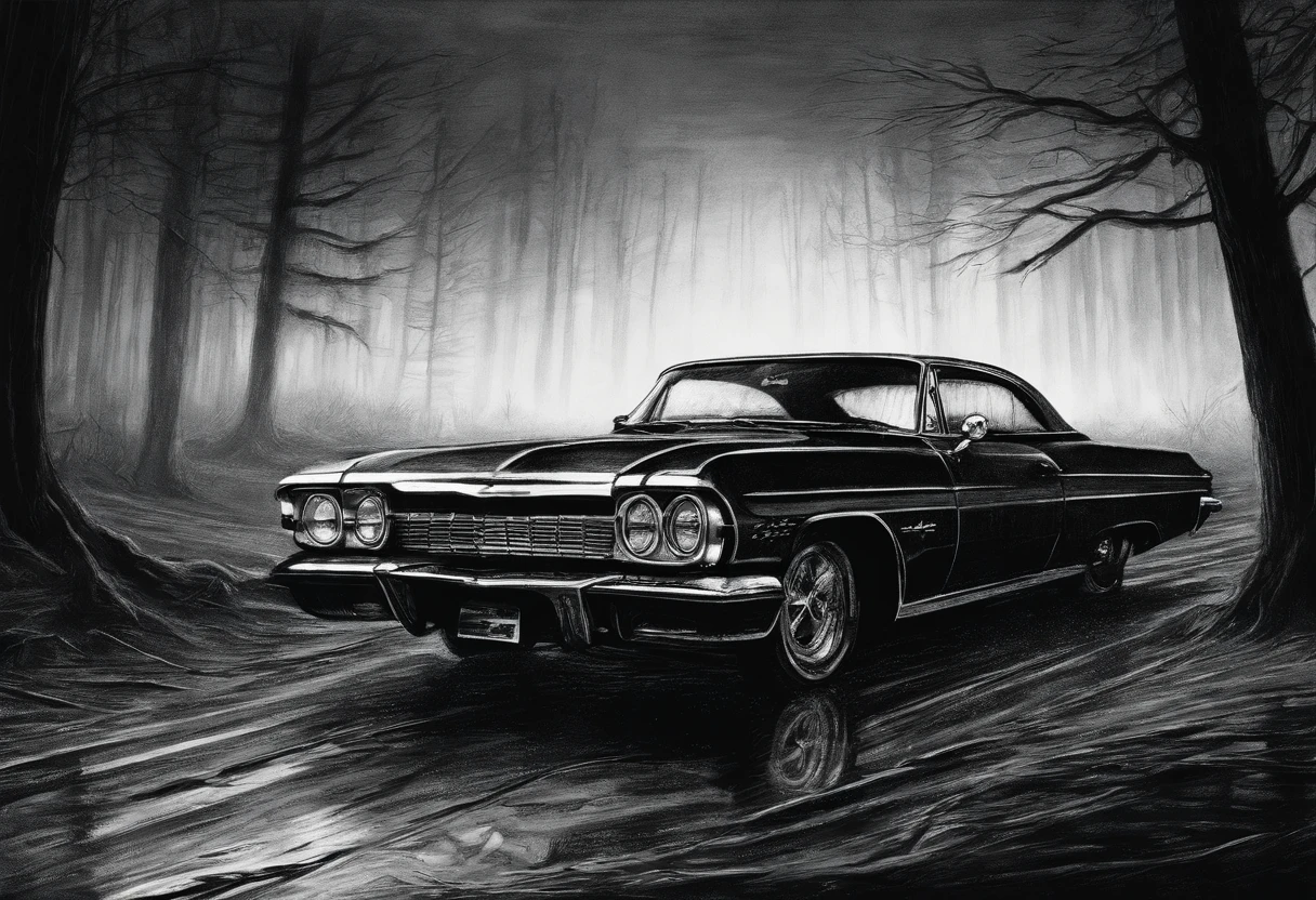 Dark, Vintage Chevrolet Impala:Litflan impala，Black sky，Dirt roads，Dim light，Tall pine trees。Sketch drawing, Hyper-realistic, Artistic, All black and white，It was raining heavily and you couldn't see the road。