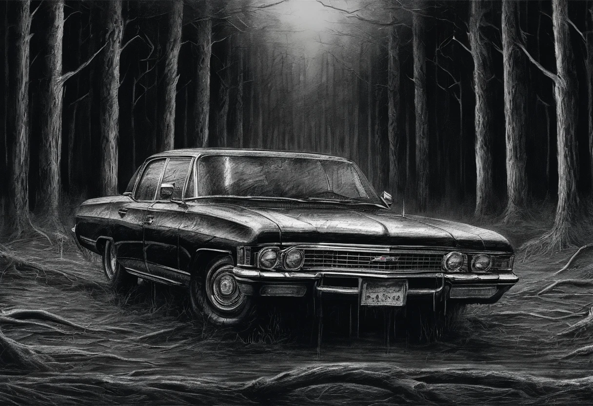 Dark, Vintage Chevrolet Impala:Litflan impala，Black sky，Dirt roads，Dim light，Tall pine trees。Sketch drawing, Hyper-realistic, Artistic, All black and white，It was raining heavily and you couldn't see the road。