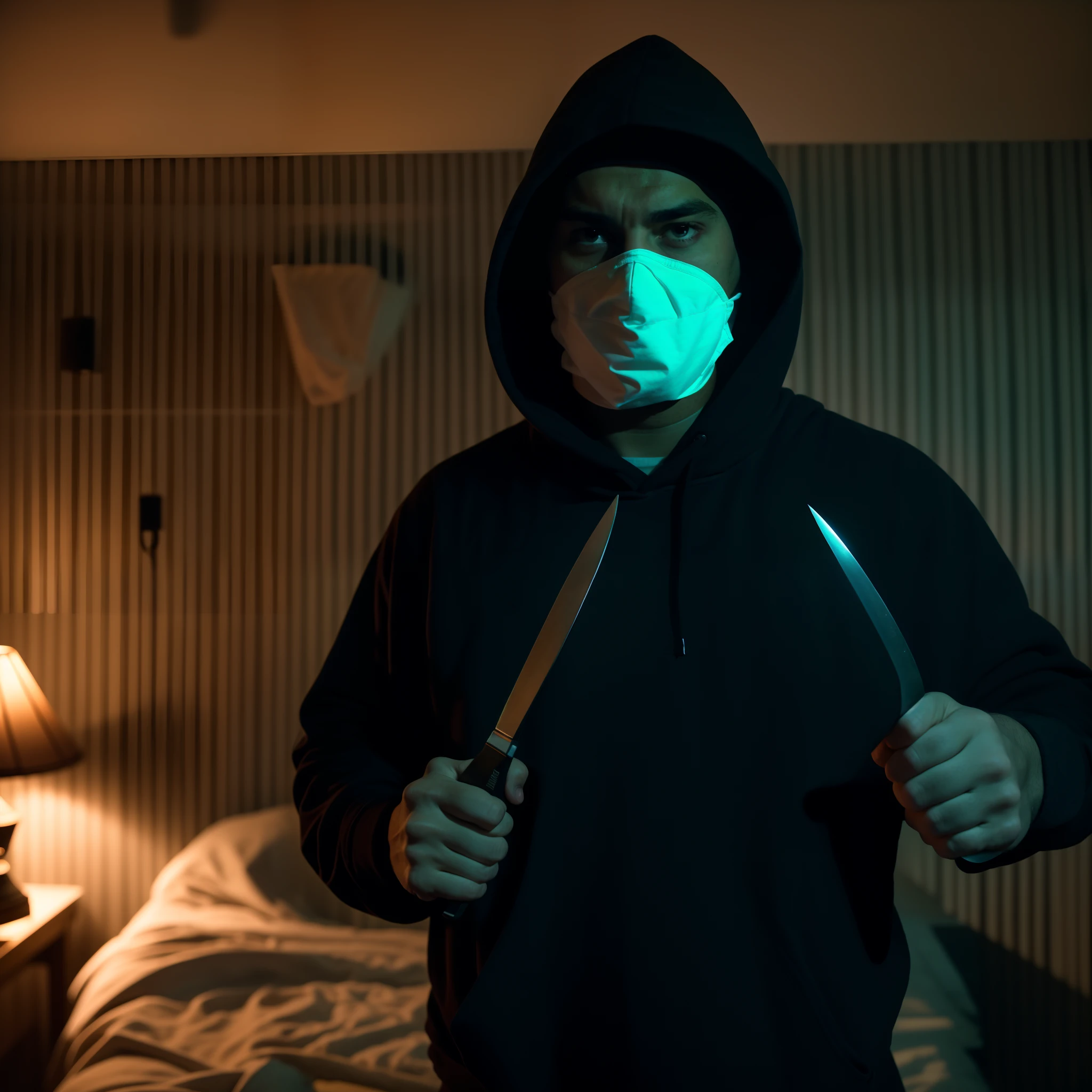 arafed man in a hoodie holding a knife in a dark room, masked person in corner, film still from a horror movie, still from horror movie, film still from horror movie, white man with black fabric mask, horror movie slasher, action horror, horror film still, psychological horror movie still, horror, horror movie still, still from a live action movie