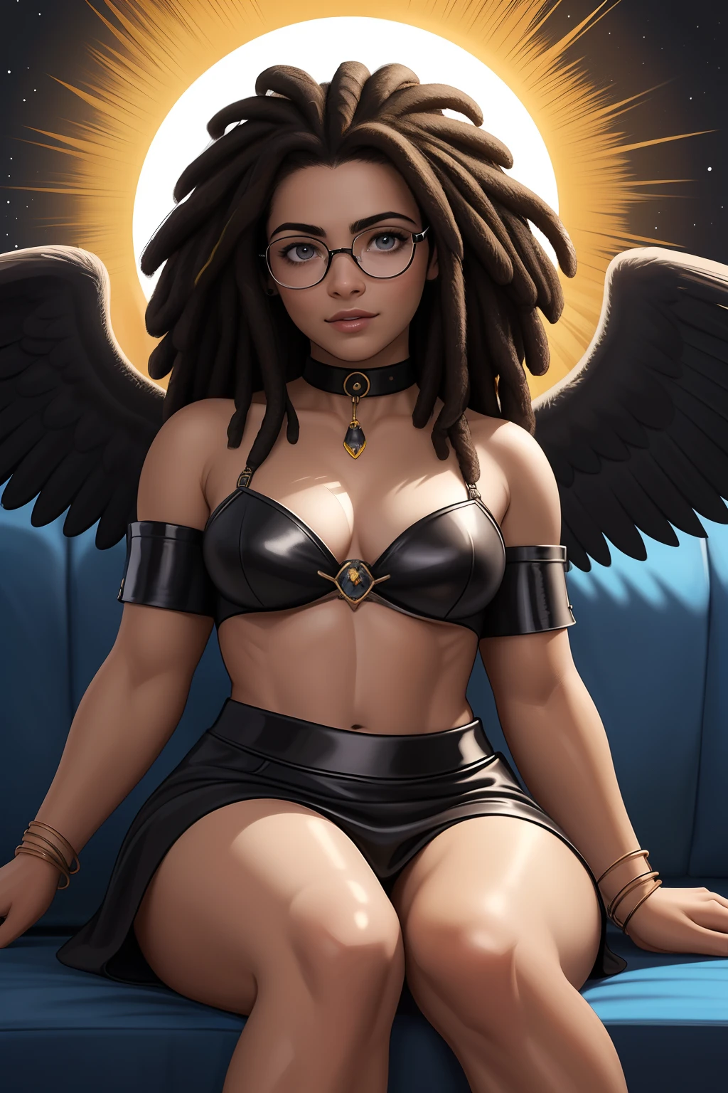 MulherMoreno, de cabelo afro cabelo caindo para frente, Rasta type but braided with glasses sitting on a couch with a furry , aluna hiperrealista, com rabo-de-porco preto, character is in her natural pose, imagem ultra realista, Commission for High Res, nerdy black girl super hero, With eye Glasses, uma aluna hiperrealista, thick glasses, Estilo de arte fotorrealista, photorealistic illustration, Estilo de arte realista, Realistic student cosmic fallen angel, olhos claros brilhantes, Biomechanicals, estranho, assustador, pesadelo, cores muito brilhantes, light particles, com luz brilhante, Mshiff, Arte do papel de parede, papel de parede uhd, Anakil Skywalker, 15 anos, roupas medievais