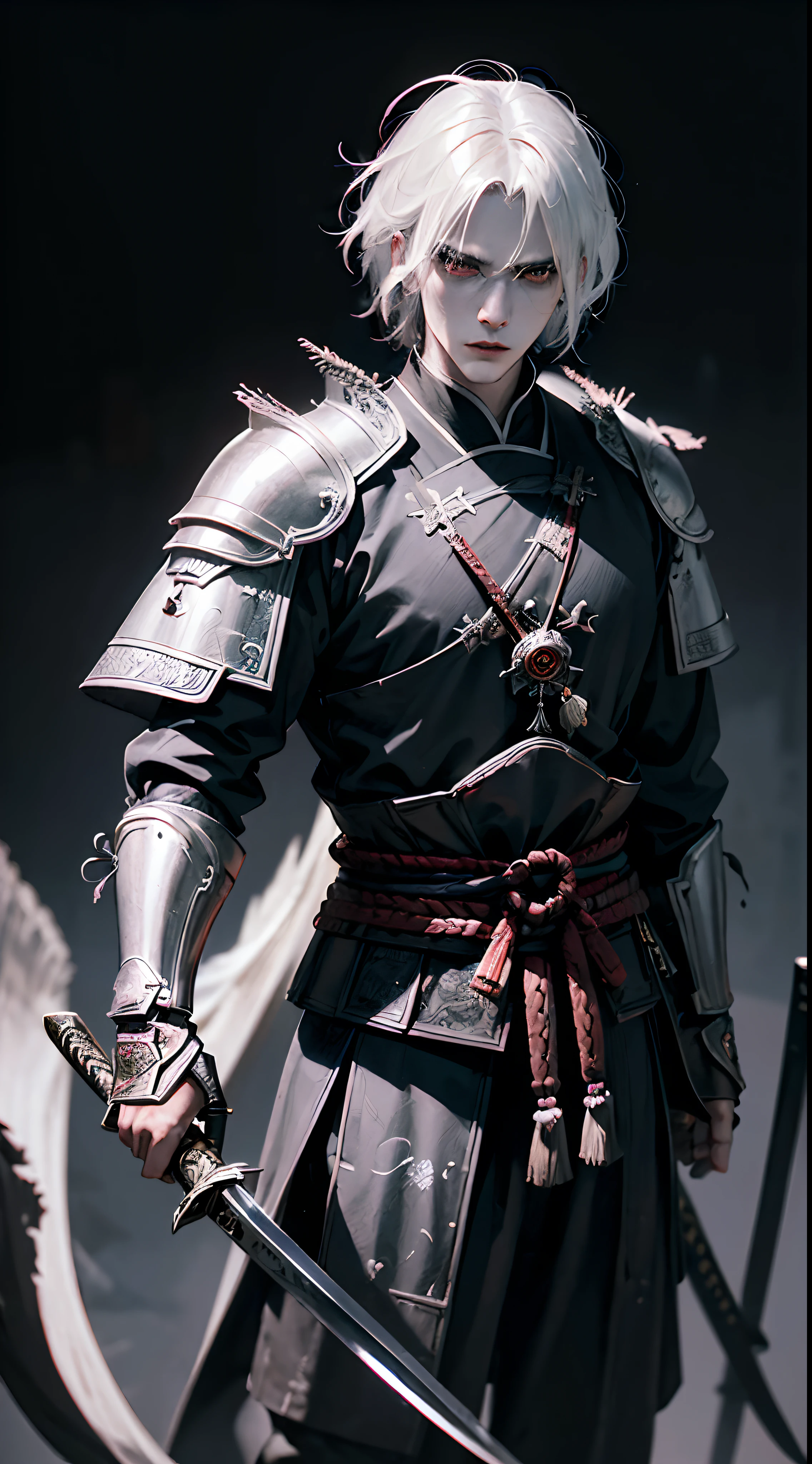 (Man warrior), (legendary assassin), (devils eyes), (best quality,photo-realistic), white hair, black and red, Japanese traditional art style, ink painting style, dark and mysterious atmosphere, moonlight, dramatic lighting, traditional Japanese tattoo, samurai sword, samurai armor, lone warrior, blurred background adding depth and focus on the main character,
