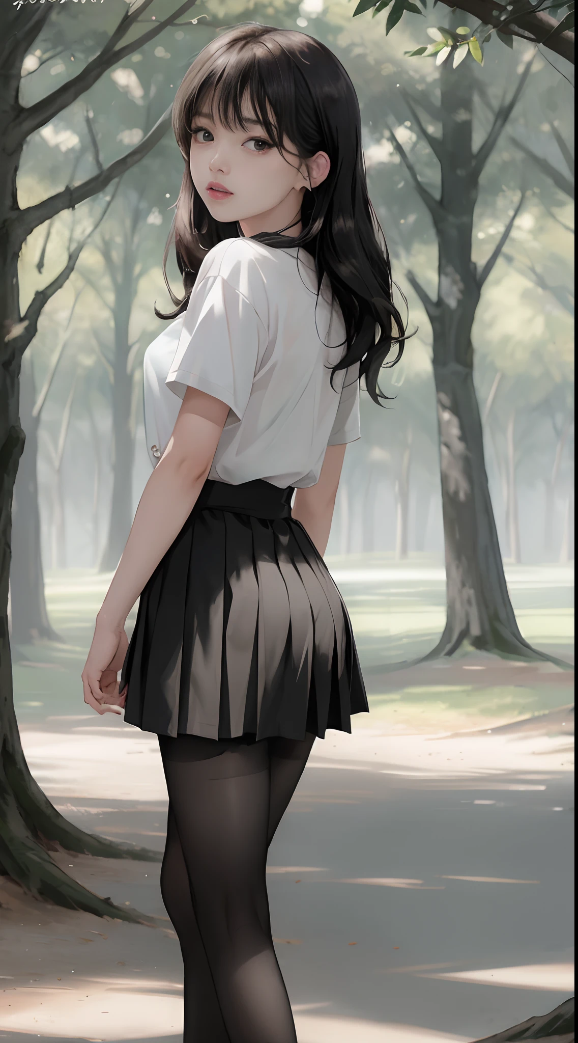 ((Lisa from Blackpink)), t-shirt, tiny pleated skirt, black tights to the waist, high heels, close-up from thighs to face, back to camera, leaning forward, exposed vagina, very light skin, hair very long, wavy hair, camp, forest, photorealistic, indirect lighting, volumetric light, ray tracing, hyperdetailed, best quality, high resolution, HDR, 8k