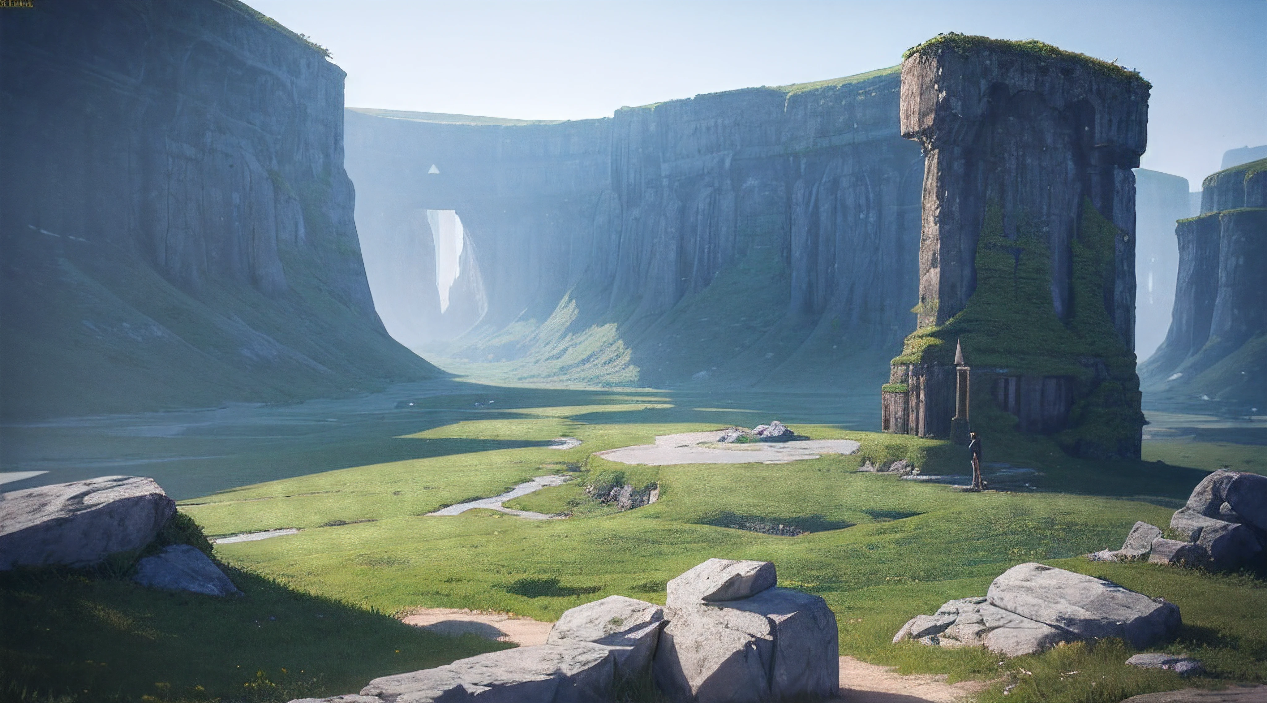 An ultra-realistic poster [[[[medindo 610 altura x914 mm de comprimento]]]], Fantastic scenery with vertical rocks on one side and the other, Enquadrando a cena, Trees with colorful foliage complete the scenery, no horizonte na frente da menina, cachoeiras caem das montanhas. Obra-prima super detalhada, incredible realism, 16k, UHD, Engenheiro Unreal ,Daz Studio Iray
