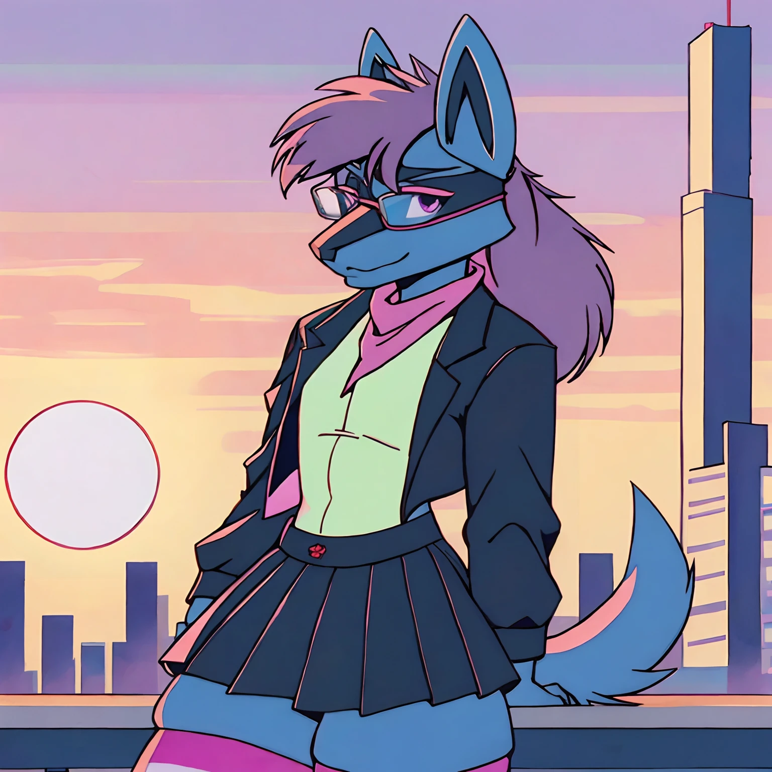 Mute pastel colors, Smooth photos, Retro soul, 1990s animation, 1980s animation, Retro soul, Retro anime style, Masterpiece, Best Quality, Lucario, furry, solo female, Lucario Pokémon, skirt, thigh high socks, crop top black jacket, Retro Lucario fanart, 1990s anime, retro animation, transgender women, sunset over city background, very detailed background, bandana, white chest spike, pink eyes, high definition eyes, very detailed eyes, chubby, small amount of pink hair on top of head with purple highlights, blue fur, cute bandana, trans flag bandana, picturesque background, 1 horizon line, thin framed rose tinted rimless glasses, thin framed gradient rose tinted glasses, perfect background, beautiful background, black jacket, black face markings, no shirt, midriff, belly button