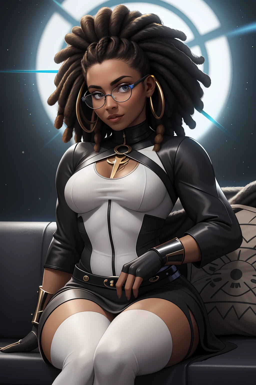 Mulher negra Moreno, de cabelo afro cabelo caindo para frente, Rasta type but braided with glasses sitting on a couch with a furry , aluna hiperrealista, com rabo-de-porco preto, character is in her natural pose, imagem ultra realista, Commission for High Res, nerdy black girl super hero, With eye Glasses, uma aluna hiperrealista, thick glasses, Estilo de arte fotorrealista, photorealistic illustration, Estilo de arte realista, Realistic student cosmic fallen angel, olhos claros brilhantes, Biomechanicals, estranho, assustador, pesadelo, cores muito brilhantes, light particles, com luz brilhante, Mshiff, Arte do papel de parede, papel de parede uhd, Anakil Skywalker, 15 anos, roupas medievais