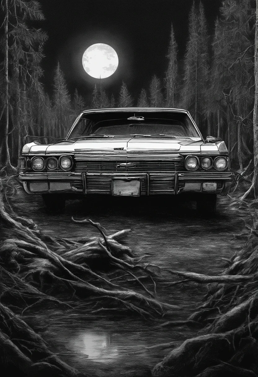 ,Vintage Chevrolet Impala:Litflan impala,Black sky,Dirt roads,Dim light,Tall pine trees。Sketch drawing, Hyper-realistic, Artistic, All black and white,It was raining heavily and you couldn't see the road。