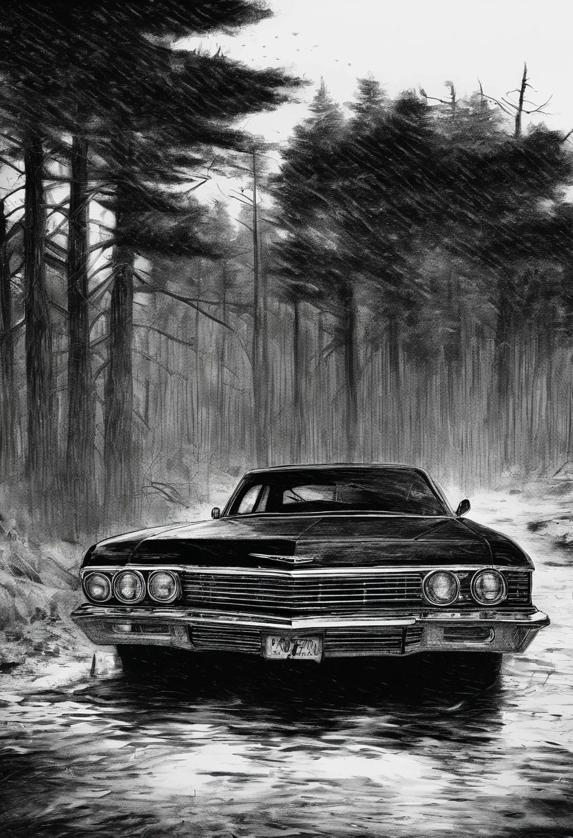 ,Vintage Chevrolet Impala:Litflan impala，Black sky，Dirt roads，Dim light，Tall pine trees。Sketch drawing, Hyper-realistic, Artistic, All black and white，It was raining heavily and you couldn't see the road。