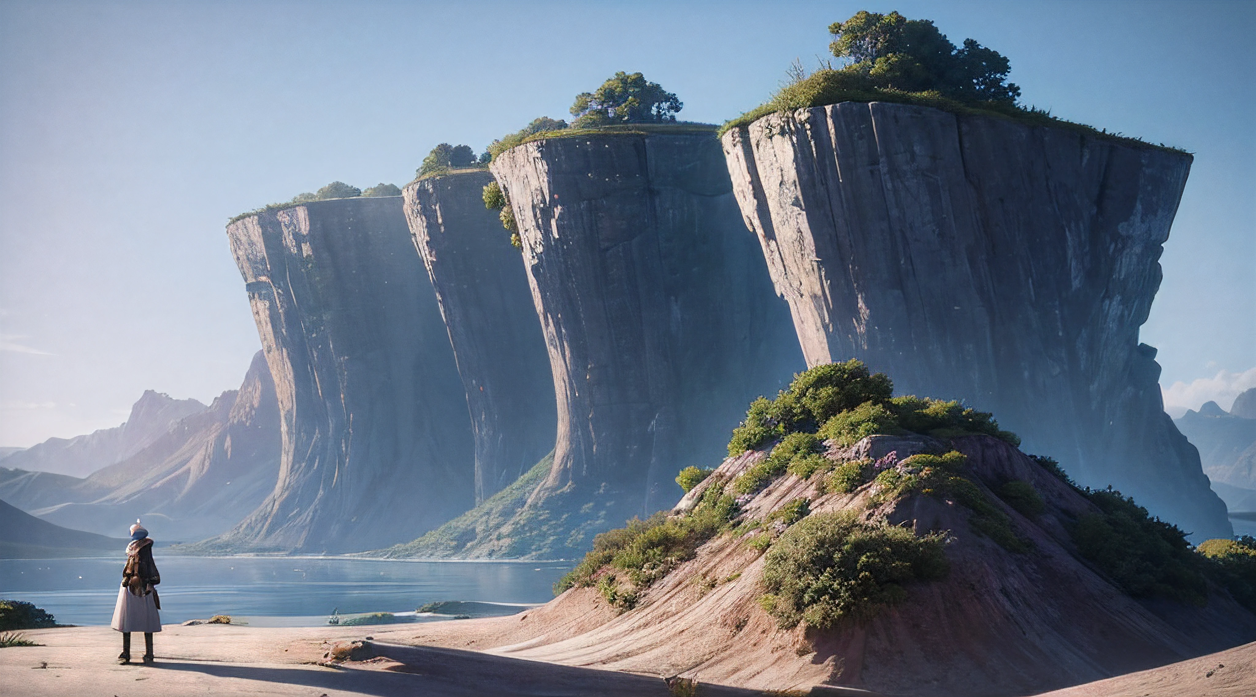 An ultra-realistic poster [[[[medindo 610 altura x914 mm de comprimento]]]], Fantastic scenery with vertical rocks on one side and the other, Enquadrando a cena, Trees with colorful foliage complete the scenery, no horizonte na frente da menina, cachoeiras caem das montanhas. Obra-prima super detalhada, incredible realism, 16k, UHD, Engenheiro Unreal ,Daz Studio Iray