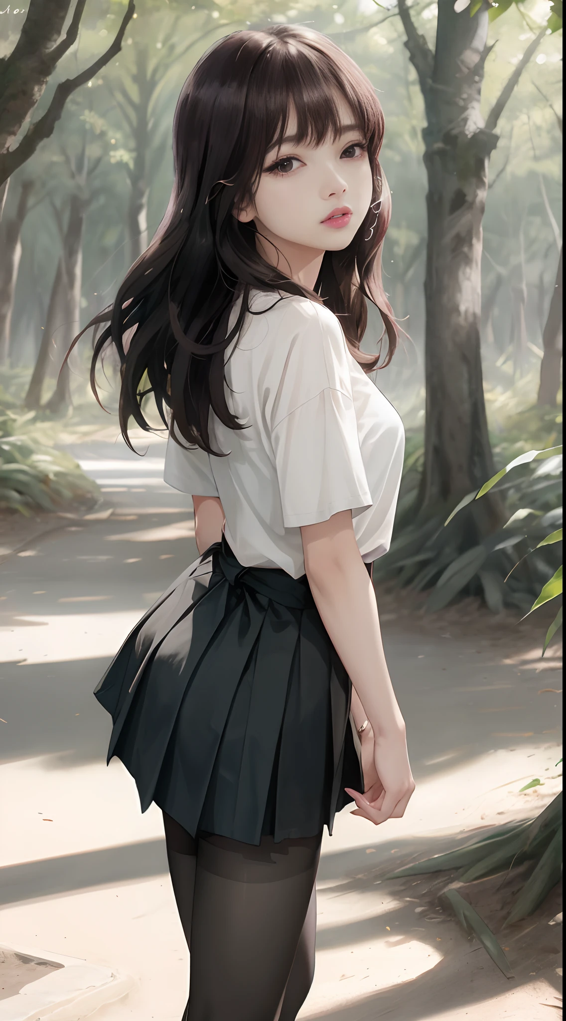 ((Lisa from Blackpink)), t-shirt, tiny pleated skirt, black tights to the waist, high heels, close-up from thighs to face, back to camera, leaning forward, exposed vagina, very light skin, hair very long, wavy hair, camp, forest, photorealistic, indirect lighting, volumetric light, ray tracing, hyperdetailed, best quality, high resolution, HDR, 8k