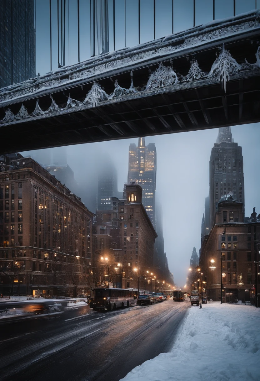 a frozen New York City
, a surreal and enchanting sight, New York City transformed into a frozen wonderland, as if time itself has come to a halt. , the iconic skyline adorned with glistening icicles, the buildings and bridges transformed into shimmering ice sculptures. , surrounded by an atmosphere of stillness and tranquility, the city exudes a serene beauty, with frozen waterways and snow-covered streets. , a mix of awe and vulnerability, the frozen city showcases the resilience of its inhabitants, as they navigate through the icy landscape. , captured on a camera that freezes time, the colors capturing the ethereal quality of the frozen scene, every detail of the ice formations and the city's architecture showcased with clarity, the composition highlighting the magical transformation of New York City.