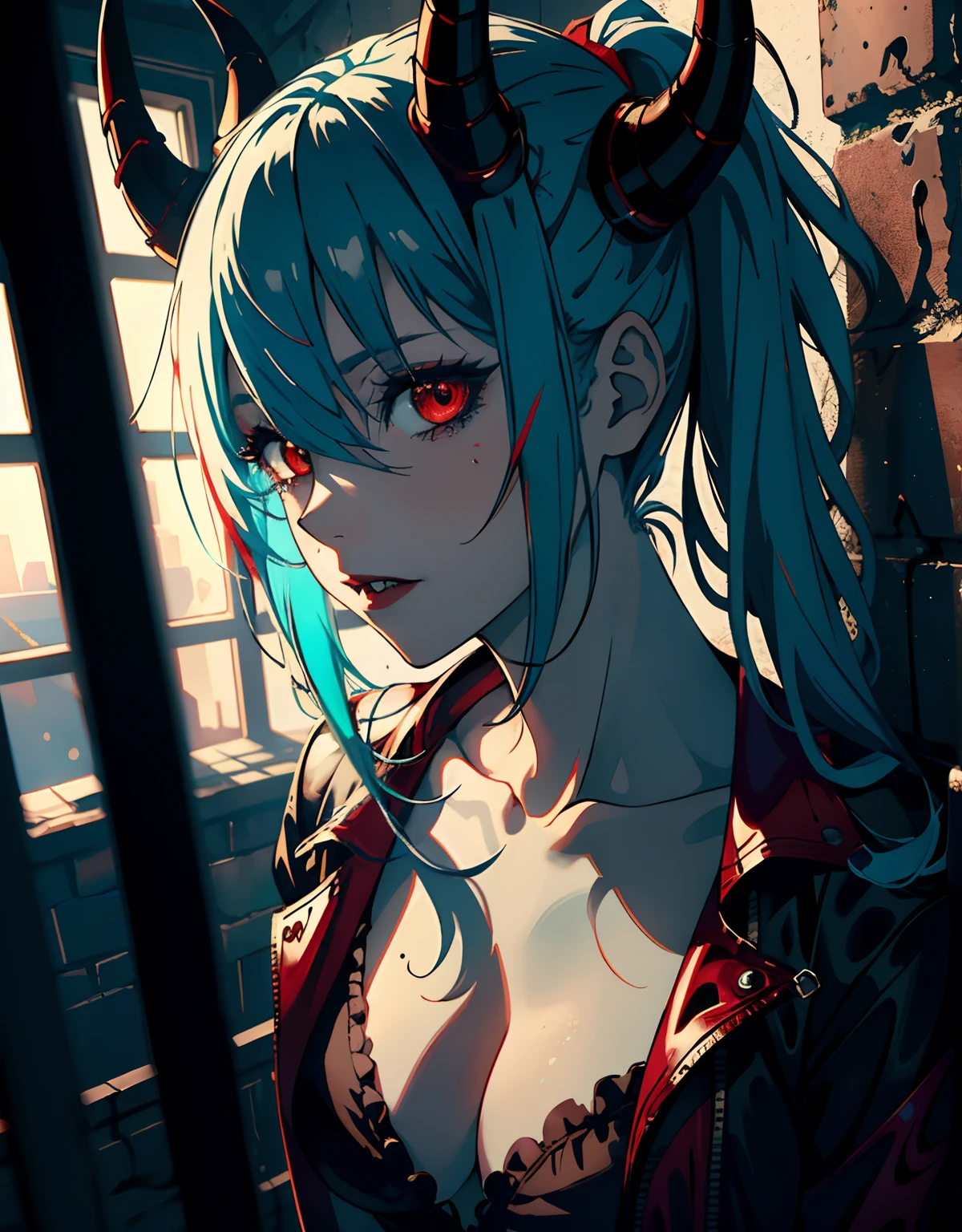 ((masterpiece, best quality)), (1girl, anime girl in dark prison),(mature, devil horn), (solo), (female focus), (light cyan hair, messy hair),red eyes, ((vampire)), pale skin, evil, vicious, portraits, close up, upper body, vibrant colors, soft lighting