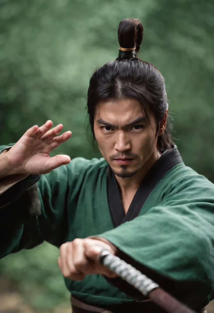In the heart of a mystical bamboo forest,a weathered and experienced martial artist,donned in traditional Chinese attire,emerges. His rugged face tells tales of battles fought and victories won. The camera captures a tight close-up of his upper body,focusing on his solemn expression::4. Strands of disheveled long hair cascade around his face as he engages in a powerful attack motion::4 The surrounding bamboo leaves sway gracefully in the wind,with vibrant red ribbons dancing throughout the frame::3 The bamboo leaves cleverly obscure parts of his face,revealing only his intense eyes and determined mouth::3 This photograph embodies the essence of wuxia,with a dynamic and fluid scene::3,dominated by lush shades of green::3 Creative lighting and effects add an extra layer of intrigue to the composition,making it a compelling and emotionally charged image. Captured with a Fujifilm GFX 100S,f/2.8 aperture,ISO 400,shutter speed 1/500.,