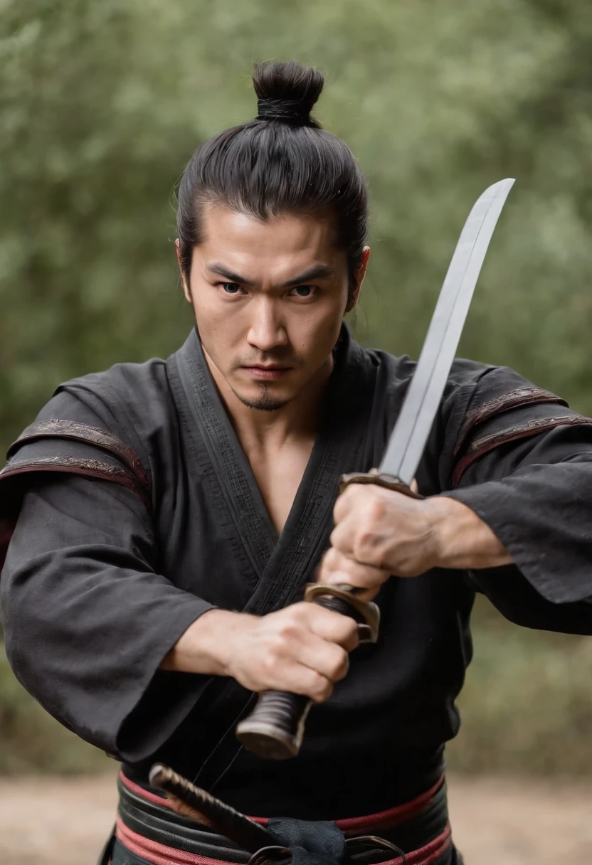 Samurai baseado no escorpion( Mortal Kombat.) Holding two katanas in two hands, expression of anger and hatred, Japanese man in his twenties, olhos verdes, attack expression ( both hands have five fingers.)