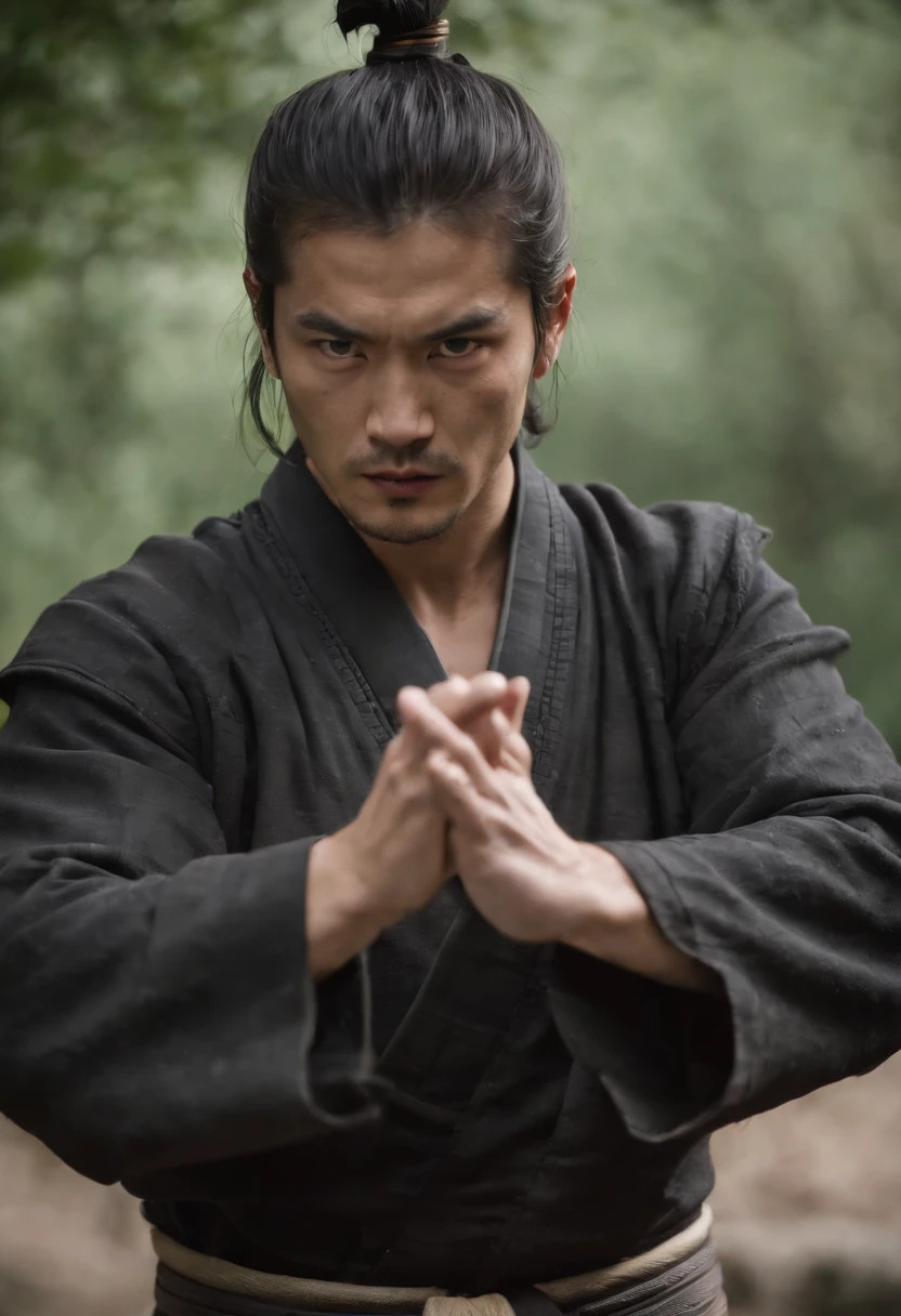 Samurai baseado no escorpion( Mortal Kombat.) Holding two katanas in two hands, expression of anger and hatred, Japanese man in his twenties, olhos verdes, attack expression ( both hands have five fingers.)