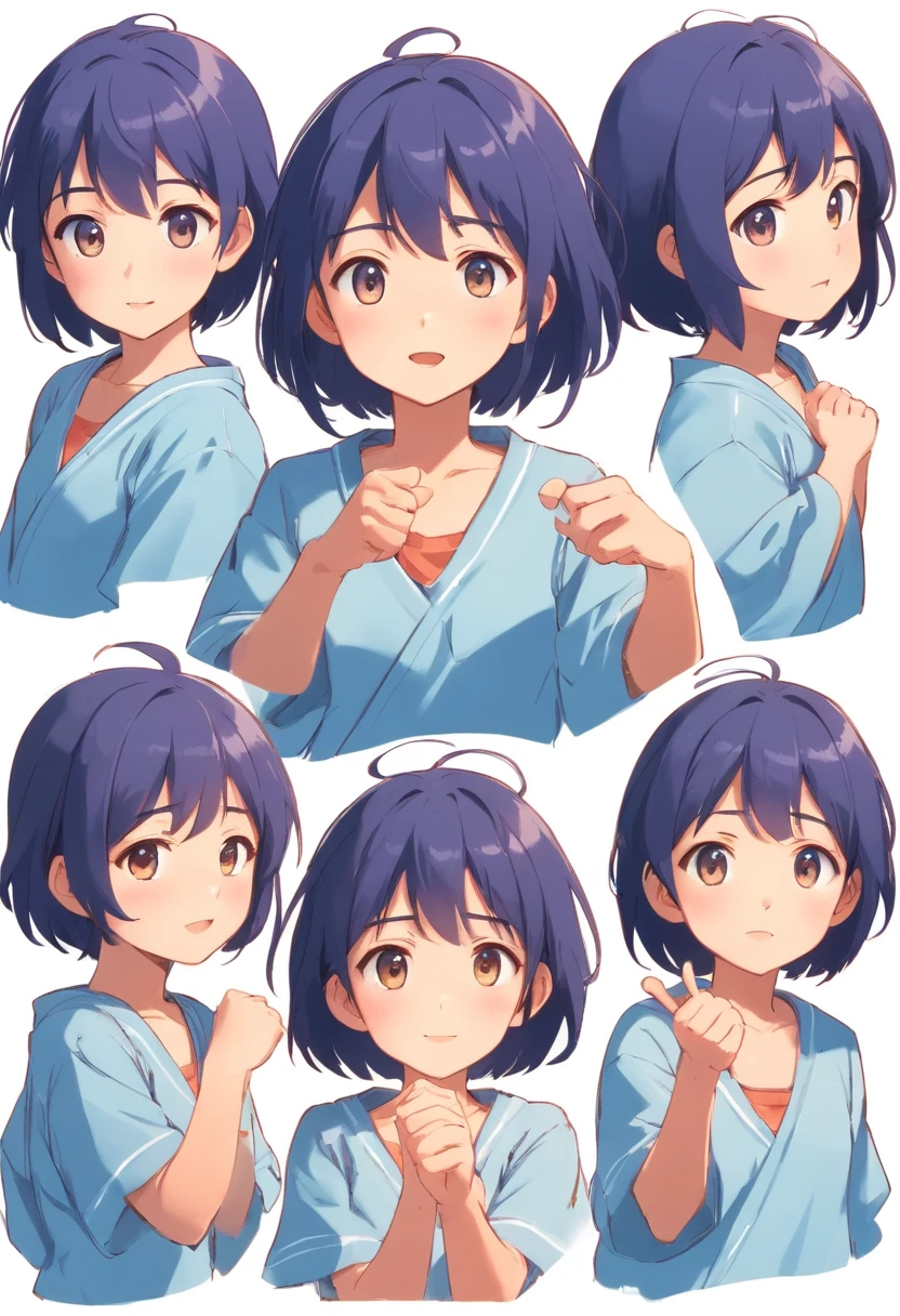 an anime girl, five years old, multiply poses and expressions, character sheet, isolated in white background