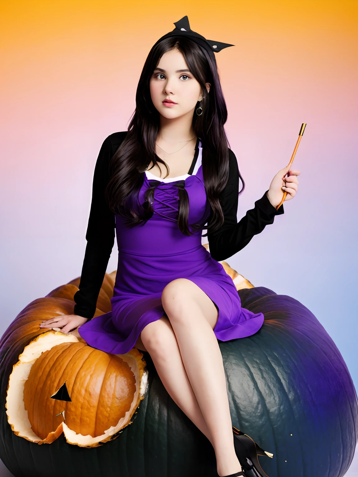 Cute teenage Halloween witch in a purple dress; sitting on an orange large pumpkin; (fashionable) (trendy); Rich colors, cyan, orange, yellow, green, cyan, blue, purple, fashion typography, magazine cover poster, hyper-detail, art, title, logo, label, badge, graphic design, detail post-processing, depth of field, high brightness, high saturation, more white space; on an uncluttered white background