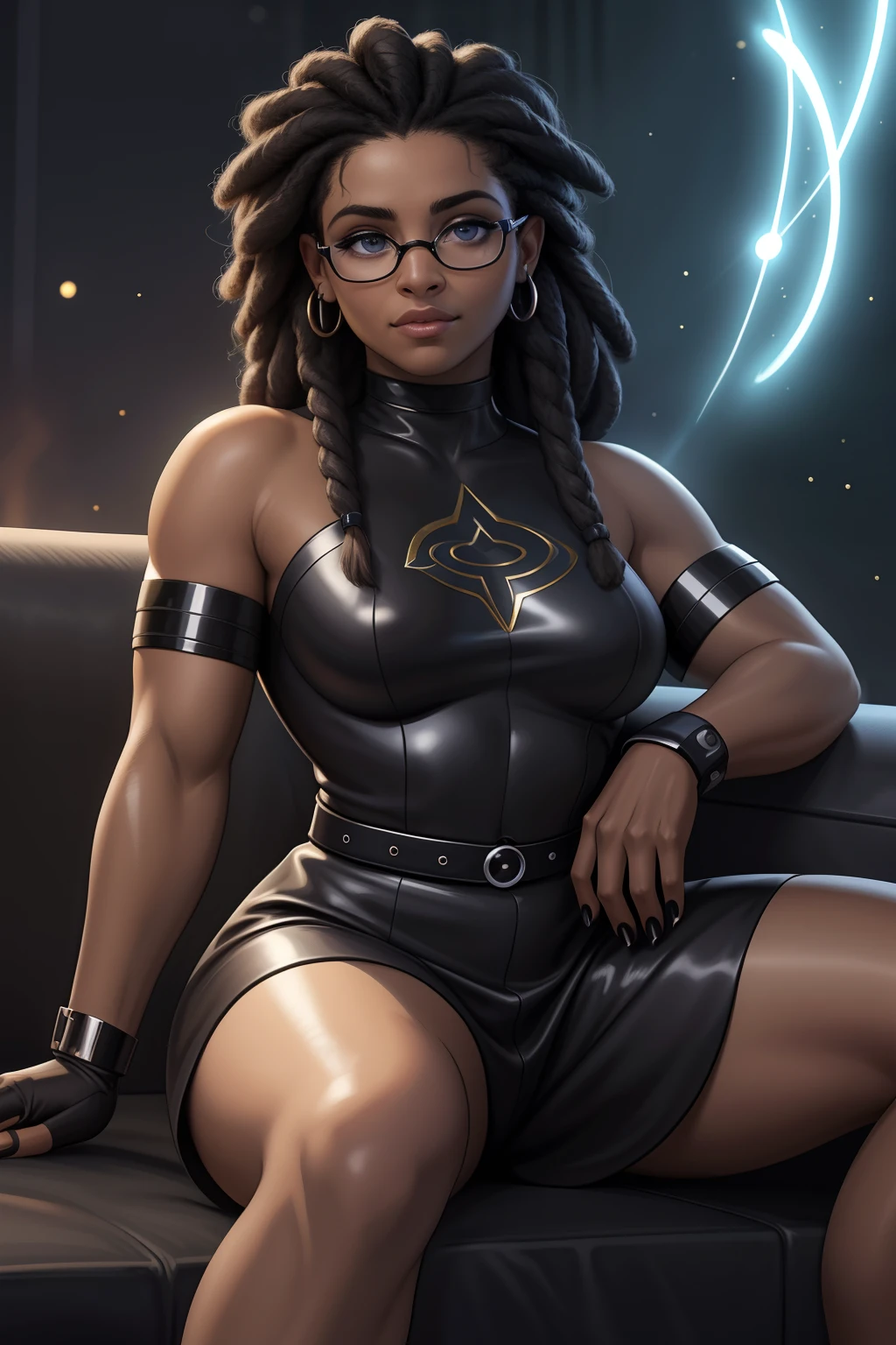 Mulher negra Moreno, de cabelo afro cabelo caindo para frente, Rasta type but braided with glasses sitting on a couch with a furry , aluna hiperrealista, com rabo-de-porco preto, character is in her natural pose, imagem ultra realista, Commission for High Res, nerdy black girl super hero, With eye Glasses, uma aluna hiperrealista, thick glasses, Estilo de arte fotorrealista, photorealistic illustration, Estilo de arte realista, Realistic student cosmic fallen angel, olhos claros brilhantes, Biomechanicals, estranho, assustador, pesadelo, cores muito brilhantes, light particles, com luz brilhante, Mshiff, Arte do papel de parede, papel de parede uhd, Anakil Skywalker, 15 anos, roupas medievais