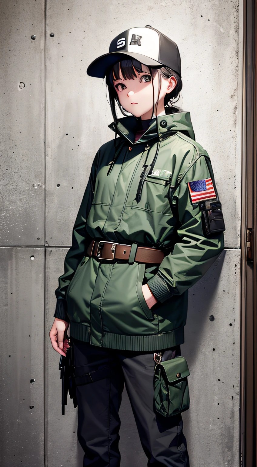 This is a handsome girl，There is also a black baseball cap，Lots of pockets on the coat，A tactical belt，It has holsters and daggers on it，Loose sweatshirt，He was leaning against the wall，In the distance behind it is a dense forest。outstanding，grand master，combats，Deep view，Layered，Bright light。In the middle of the night。