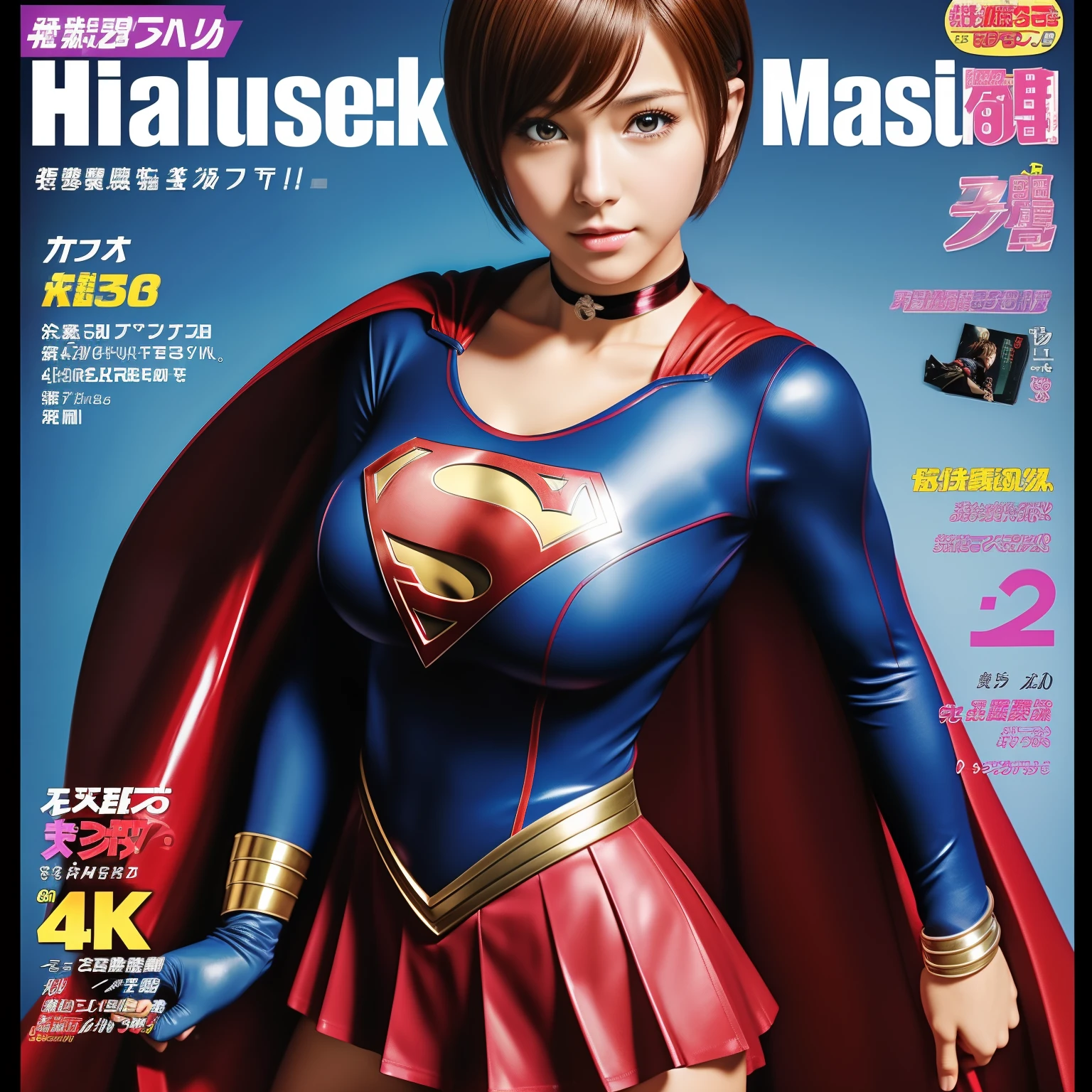 (Best Quality,4K,8K,hight resolution,masutepiece:1.2),Ultra-detailed,Realistic:1.37,Super masterpiece,Short-haired Supergirl、large full breasts、Looking at the camera、Glossy costume、a choker、Too short miniskirt、Magazine covers、Weekly Shonen Magazine