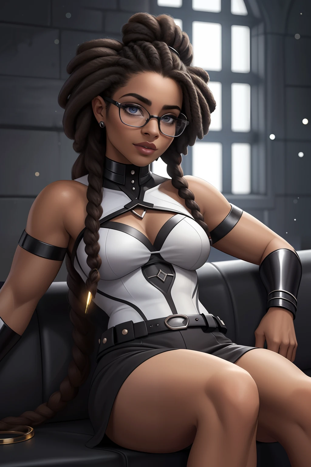 Mulher negra Moreno, de cabelo afro cabelo caindo para frente, Rasta type but braided with glasses sitting on a couch with a furry , aluna hiperrealista, com rabo-de-porco preto, character is in her natural pose, imagem ultra realista, Commission for High Res, nerdy black girl super hero, With eye Glasses, uma aluna hiperrealista, thick glasses, Estilo de arte fotorrealista, photorealistic illustration, Estilo de arte realista, Realistic student cosmic fallen angel, olhos claros brilhantes, Biomechanicals, estranho, assustador, pesadelo, cores muito brilhantes, light particles, com luz brilhante, Mshiff, Arte do papel de parede, papel de parede uhd, Anakil Skywalker, 15 anos, roupas medievais