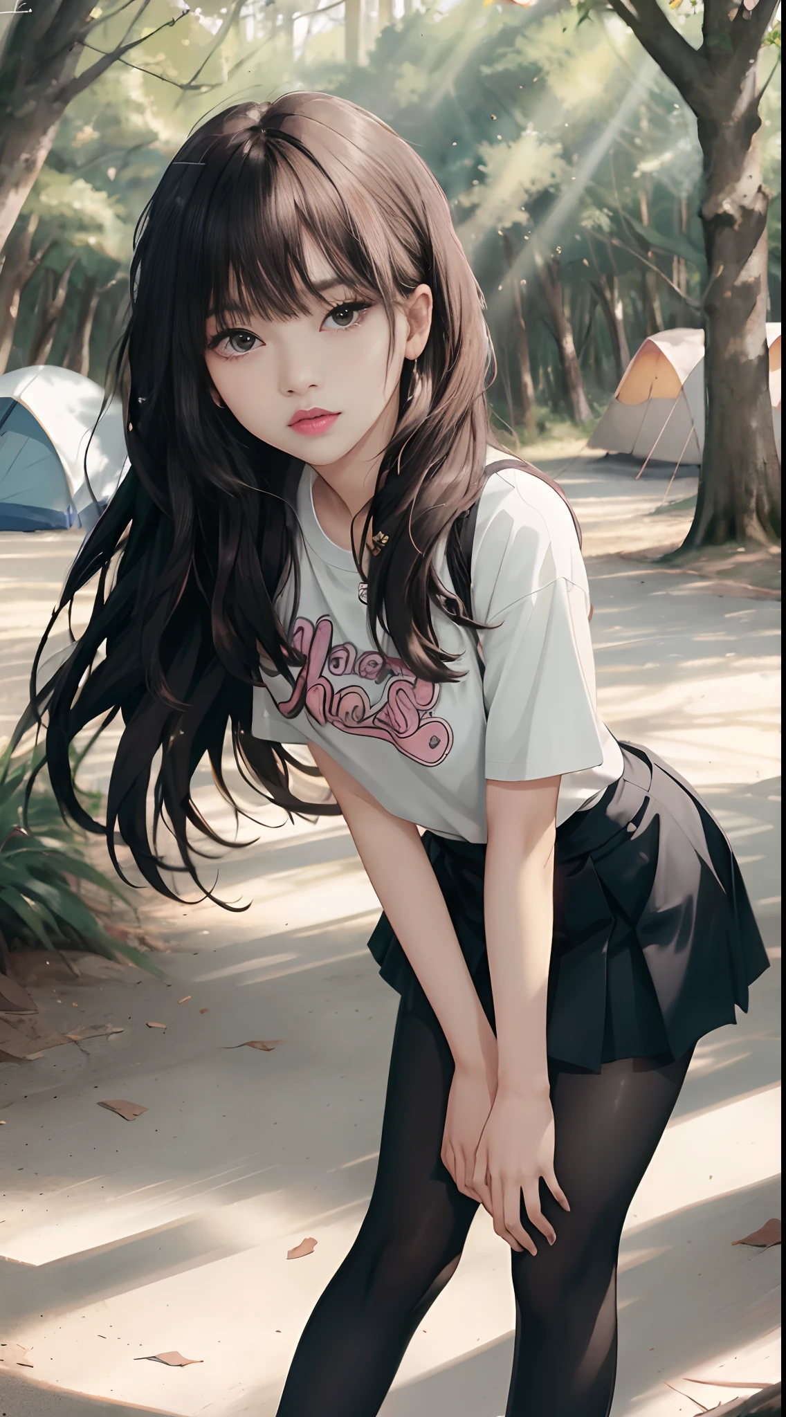 ((Lisa from Blackpink)), t-shirt, tiny pleated skirt, black tights to the waist, high heels, close-up from thighs to face, back to camera, leaning forward, exposed vagina, very light skin, hair very long, wavy hair, camp, forest, photorealistic, indirect lighting, volumetric light, ray tracing, hyperdetailed, best quality, high resolution, HDR, 8k