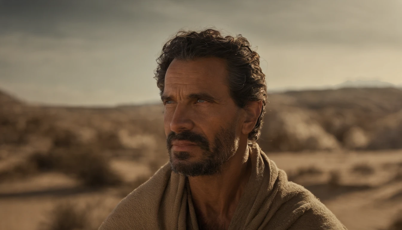 um homem encapuzado andando no deserto, holding a staff and a hand, with a sky background, portrait of bedouin d&d, ainda de um filme live action, Directed by: Étienne Delessert, Disparo IMAX, James Gurney e Andreas Rocha, Filme ainda de Duna 2020, medium shot of two characters, Danube, Sony Fotos, 4k ainda, Movie image of biblical prophet, he looks up to heaven and cries out to God to hear him, com tons quentes e terrosos, e sombras profundas, has a wise expression, --V 5 --Estilizar 1000, Biblical prophet cries out to God for the lives of his people, obra-prima, detalhes intrincados, cinemactic, The biblical prophet looks to heaven, A beautiful blue sky with some clouds, It's in the Sinai Desert, em uma colina, In the background is the desert and a small biblical village in the background, 50-Year-Old Biblical Character, no deserto: epic realistic, Soft cinematic portrait, Adobe Lightroom, photographic lab, altamente detalhado, desbotado, arte de greg rutkowski e artgerm ,cores neutras: 1,2), (HDR: 1,4) , (cores suaves:1.2), hiperdetalhado, (art-station:1.4), cinemactic, luzes quentes, dramatic light, (detalhes intrincados:1.1), fundo complexo, (Rutkowski:0.66), (azul e laranja:0.4), cinemactic, wears a brown robe and is looking up at the sky, (((olhos perfeitos, expressivos))), 8k, olha para cima, to the sky still blue, ((olhar perfeito, Expressivo))), (((apenas um homem))), ((barba curta grisalha e cabelo curto grisalhos)), Looking Up The Sky, (((olhos perfeitos)) Epic image, cinematographic, Cinematic 8K, imagem de meio corpo, plano americano, He is alone and his eyes staring at the blue sky with some clouds, (((olhos bem detalhados, very sharp, expressivos))) ((tem barba curta e cabelo curto grisalho)), 8k, cinemactic, obra-prima, (((um homem))), ((((is alone in the desert)))), olhos perfeitos e expressivos, It's just a man and it's alone,