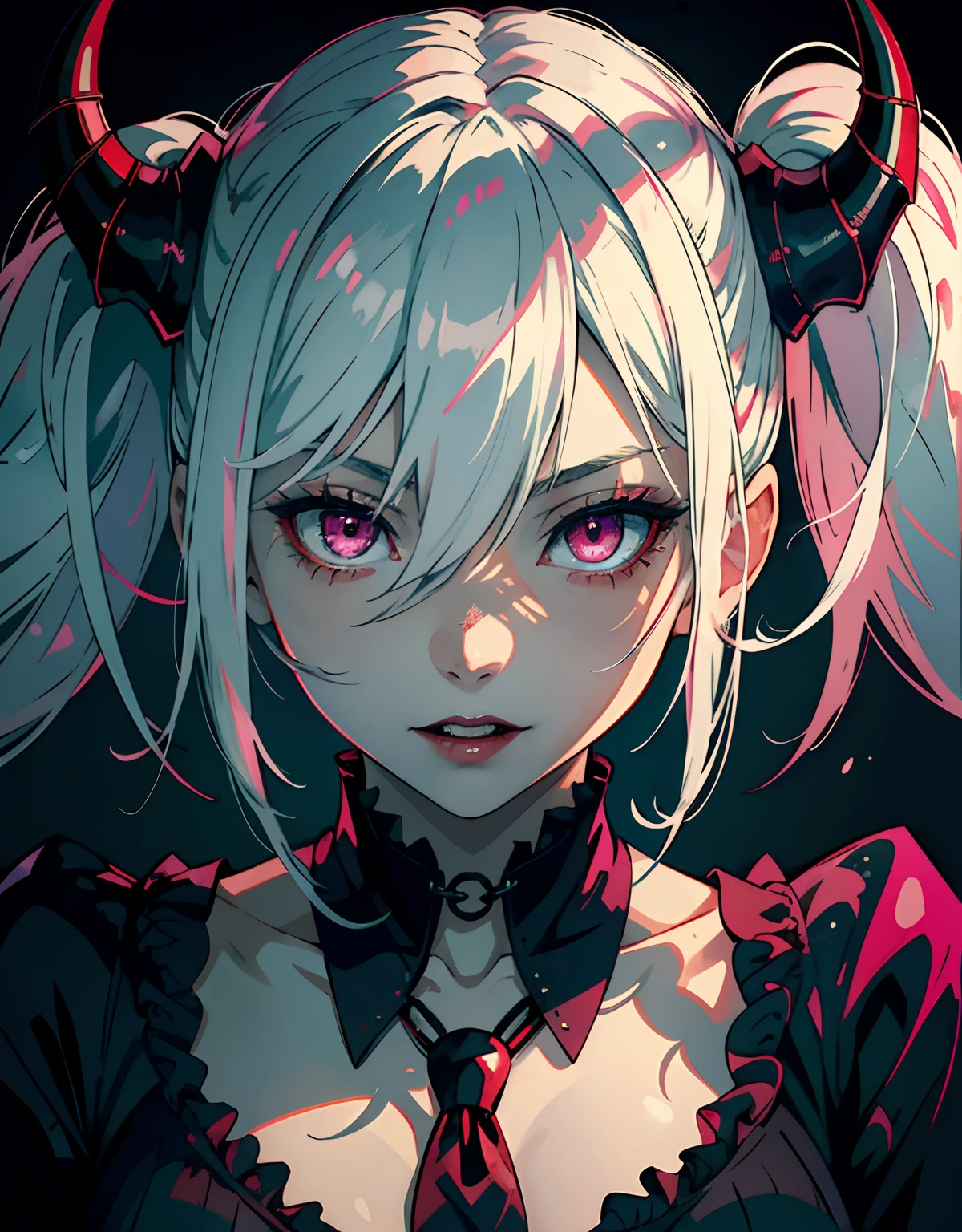 ((masterpiece, best quality)), (1girl, anime girl in dark prison),(mature, devil horn), (solo), (female focus), (white hair, twintail),pink eyes, ((vampire)), pale skin, evil, vicious, portraits, close up, upper body, vibrant colors, soft lighting