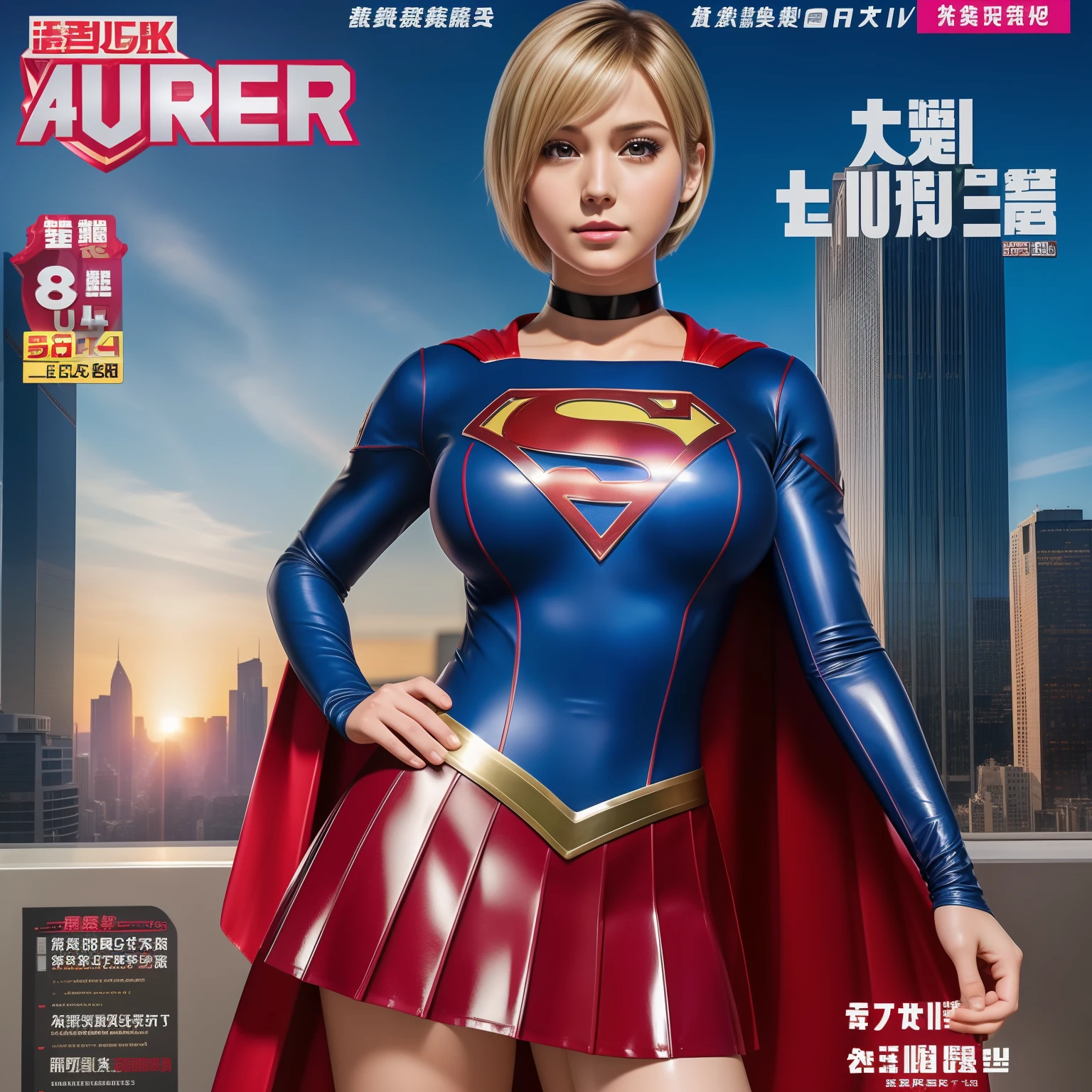(Best Quality,4K,8K,hight resolution,masutepiece:1.2),Ultra-detailed,Realistic:1.37,Super masterpiece,Short-haired Supergirl、large full breasts、Looking at the camera、Glossy costume、a choker、Too short miniskirt、Magazine covers、Weekly newspaper
