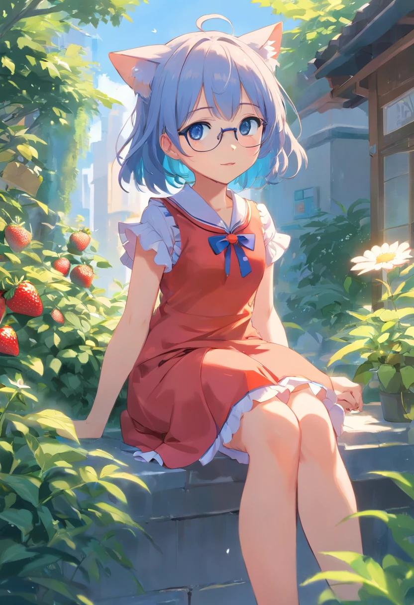 Stand in the garden、Wearing a suit,eye glasses、silber hair,blue eyes、Cat-eared girl, Lori in strawberry-eating dress, small curvy loli, artwork in the style of guweiz, guweiz on pixiv artstation, guweiz on artstation pixiv, guweiz, small li girl, soft anime illustration, Anime visuals of cute girls, Detailed Digital Anime Art, (((No arm frills)))