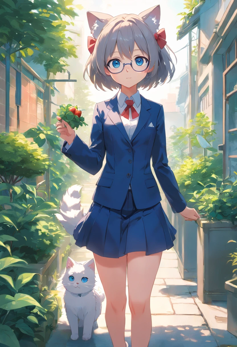 Stand in the garden、Wearing a suit,eye glasses、silber hair,blue eyes、Cat-eared girl, Lori in strawberry-eating dress, small curvy loli, artwork in the style of guweiz, guweiz on pixiv artstation, guweiz on artstation pixiv, guweiz, small loli girl, soft anime illustration, Anime visuals of cute girls, Detailed Digital Anime Art, (((No arm frills)))