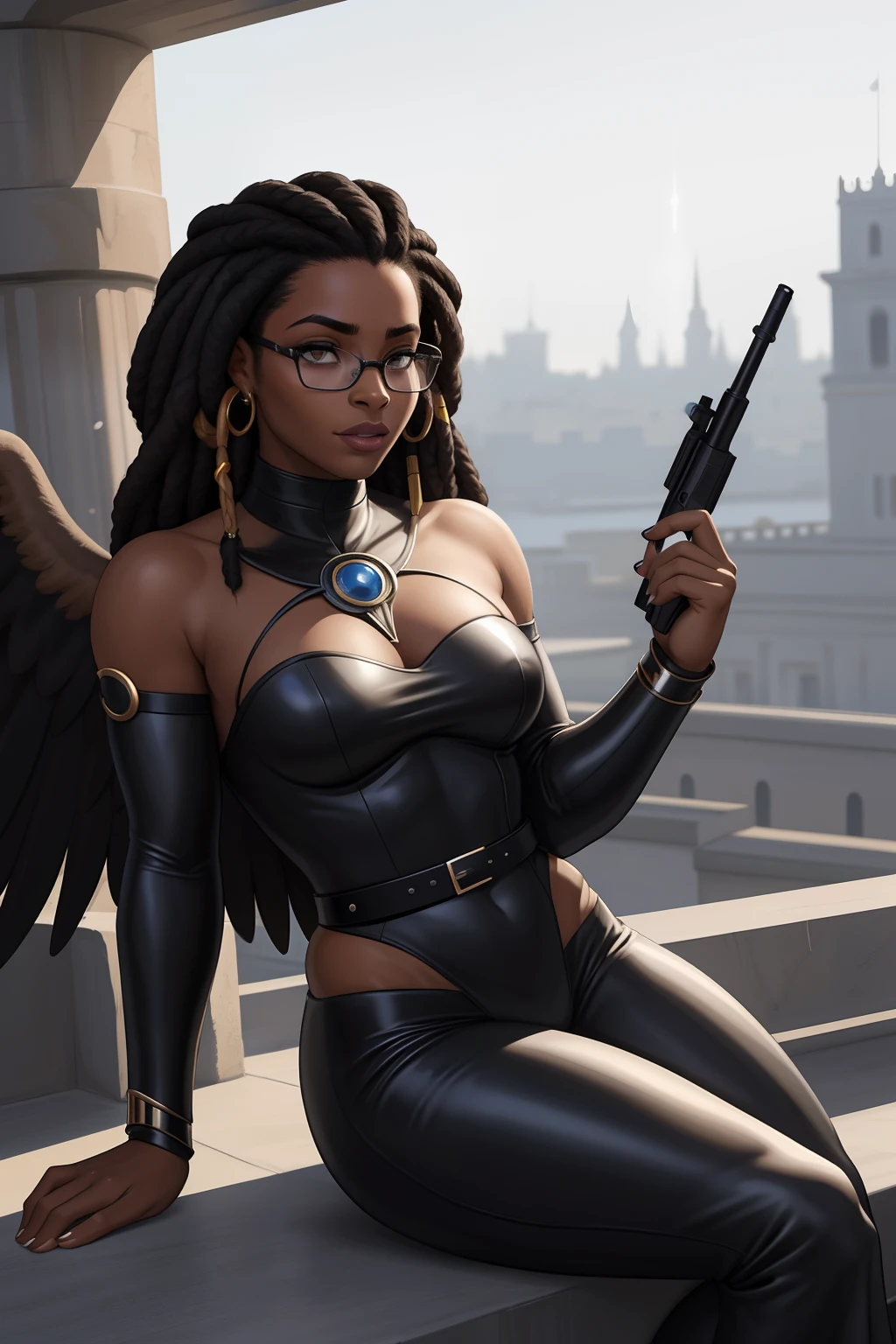 Mulher negra Moreno, de cabelo afro cabelo caindo para frente, Rasta type but braided with glasses sitting on a sniper gun in a city. peludo , aluna hiperrealista, com rabo-de-porco preto, character is in her natural pose, imagem ultra realista, Commission for High Res, nerdy black girl super hero, With eye Glasses, uma aluna hiperrealista, thick glasses, Estilo de arte fotorrealista, photorealistic illustration, Estilo de arte realista, Realistic student cosmic fallen angel, olhos claros brilhantes, Biomechanicals, estranho, assustador, pesadelo, cores muito brilhantes, light particles, com luz brilhante, Mshiff, Arte do papel de parede, papel de parede uhd, Anakil Skywalker, 15 anos, roupas medievais