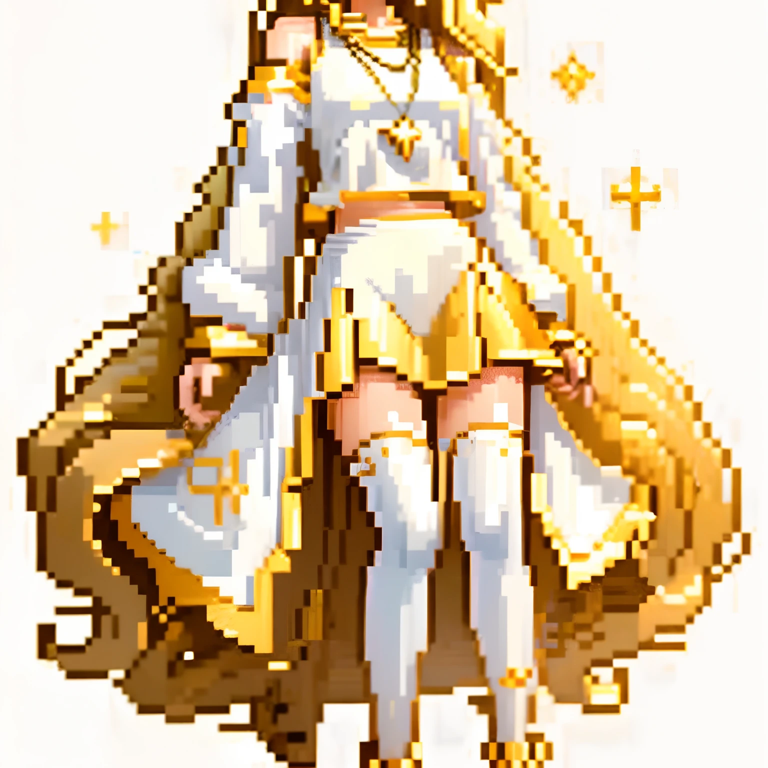 conceptual art of the character, white background, full body, art that shows from head to toe, semi-realistic, 1 girl, long and wavy golden hair, white long-sleeved cropped top, golden details, golden necklace with star pendant , black pants, white skirt, white sneakers, , extremely beautiful, elegant and determined pose, sketches of the character around her