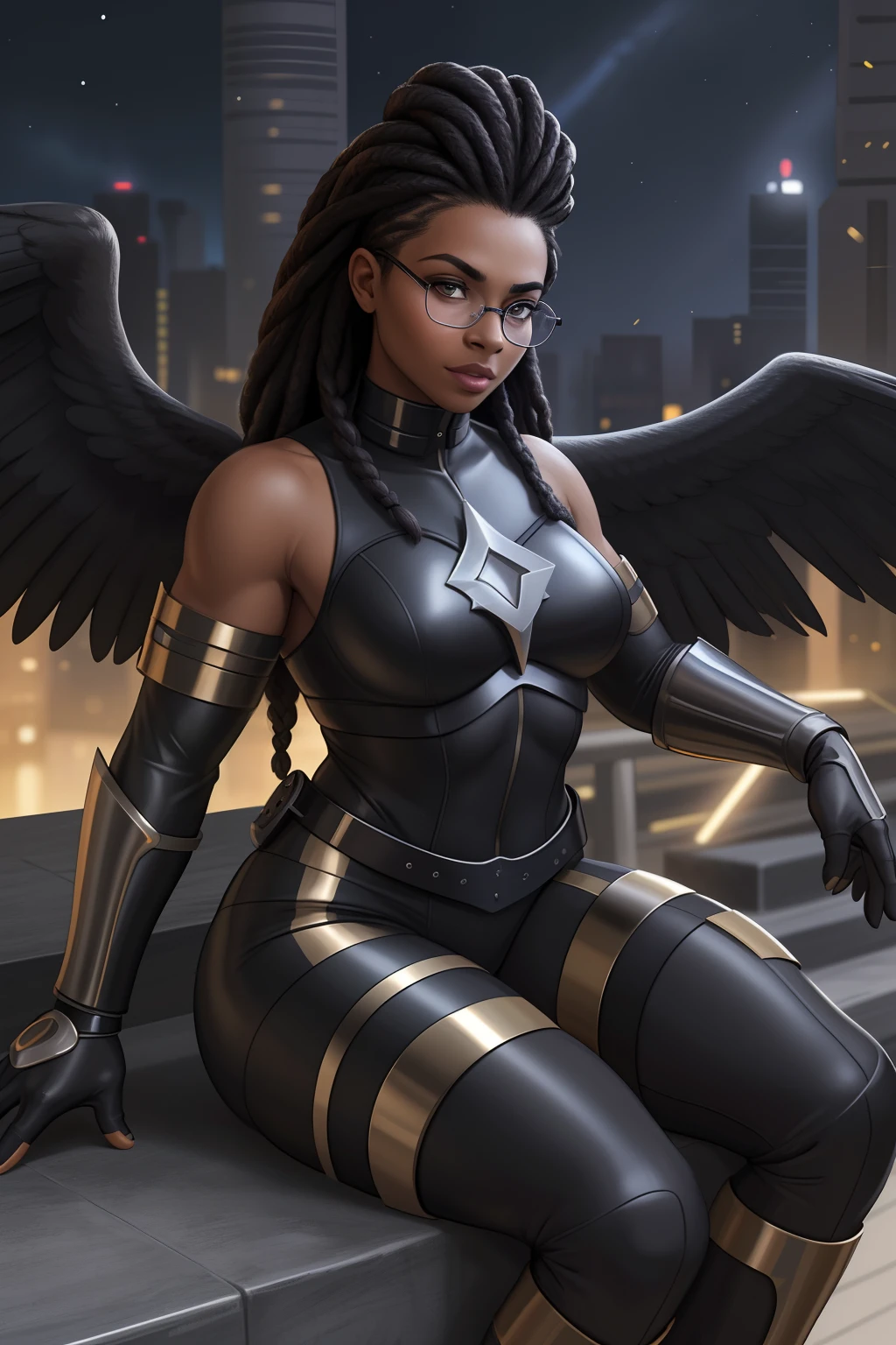 Mulher negra Moreno, de cabelo afro cabelo caindo para frente, Tipo encontrado, but braided with arfuturistic glasses ma of sniper in a city. Fofa , aluna hiperrealista, com rabo-de-porco preto, character is in her natural pose, imagem ultra realista, Commission for High Res, nerdy black girl super hero, With eye Glasses, uma aluna hiperrealista, thick glasses, Estilo de arte fotorrealista, photorealistic illustration, Est ilo de arte realista, Realistic student cosmic fallen angel, olhos claros brilhantes, Biomechanicals, estranho, assustador, pesadelo, cores muito brilhantes, light particles, com luz brilhante, Mshiff, Arte do papel de parede, papel de parede uhd, Anakil Skywalker, 15 anos, roupas medievais