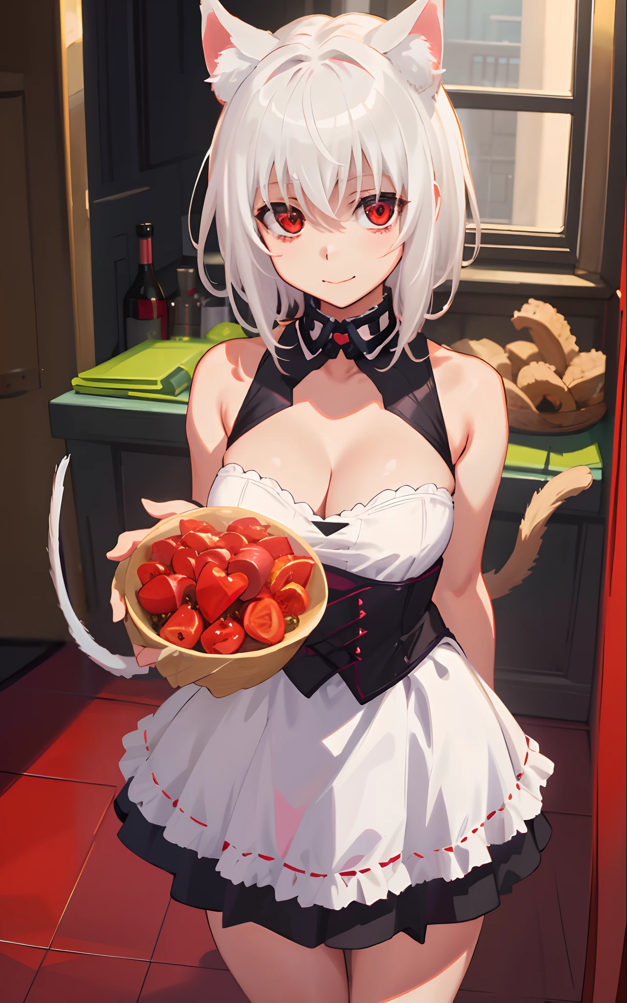 Best Quality, (Masterpiece:1.2), High Detailed, Standing, School, Indoor, Cat Ears, 1girl, solo, tojo koneko, looking at the viewer, closed mouth, light smile, top, red eyes, white hair, short hair, hair decoration, cleavage, black neckband, erotica, sleeveless