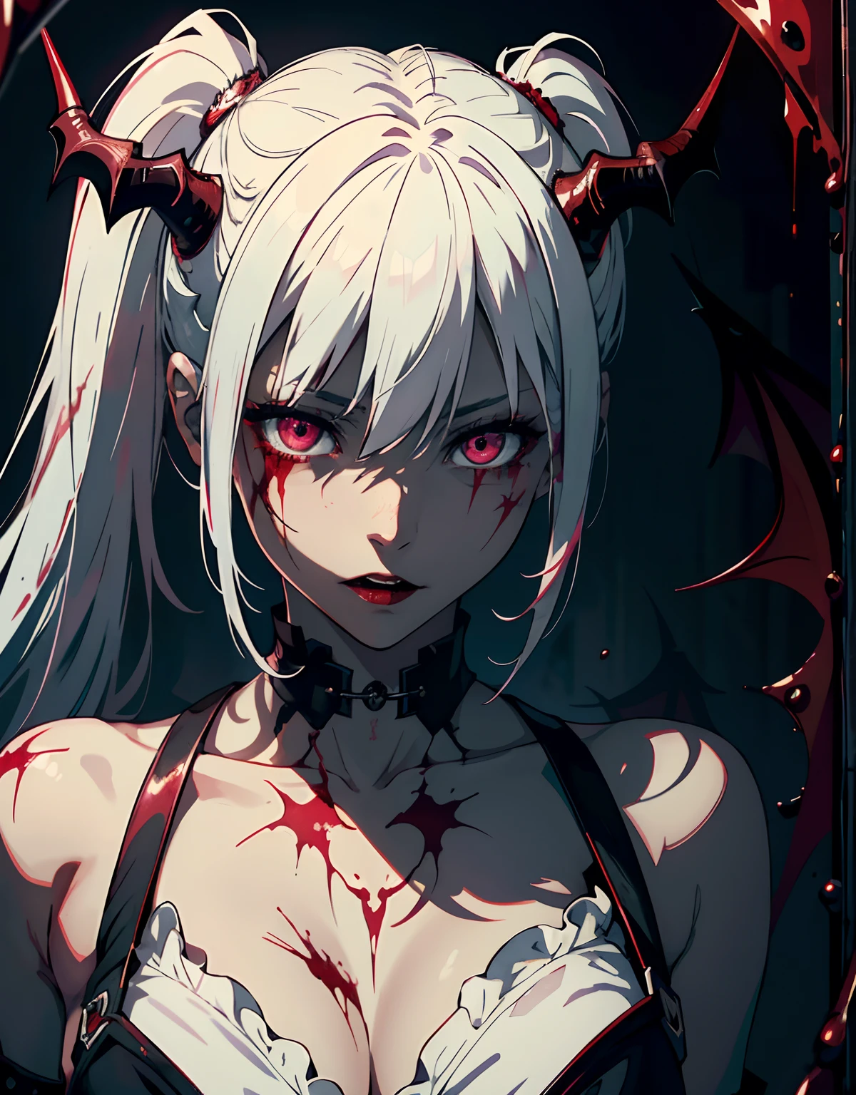 ((masterpiece, best quality)), (1girl, anime girl in dark prison),(mature, devil horn), (solo), (female focus), (white hair, twintail),pink eyes, ((vampire, bloody, bloodlust, bloodthirst, psycho)), pale skin, evil, vicious, portraits, close up, upper body, vibrant colors, soft lighting