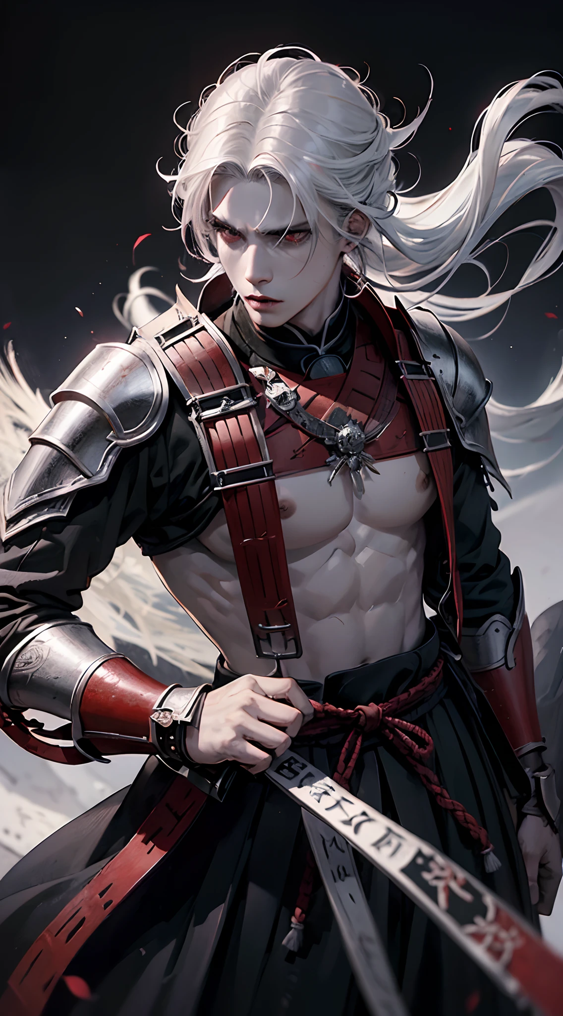 (Man warrior), (legendary assassin), (devils eyes), (best quality,photo-realistic), full body shot, look at viewer, white hair, black and red, Japanese traditional art style, ink painting style, dark and mysterious atmosphere, moonlight, dramatic lighting, traditional Japanese tattoo, samurai armor, lone warrior, dramatic moon background ,depth and focus on the main character,