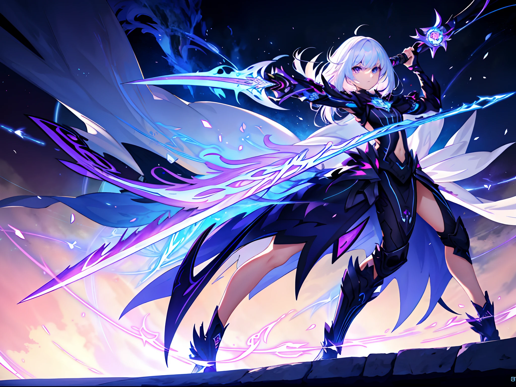 Colorful, 1girll, White hair, Purple eyes, dual wielding, sword, holdingsword, Blue Flame, Glow, glowing weapon, Light particles, the wallpaper, color difference，Film and television grade，Big background，The characters are small