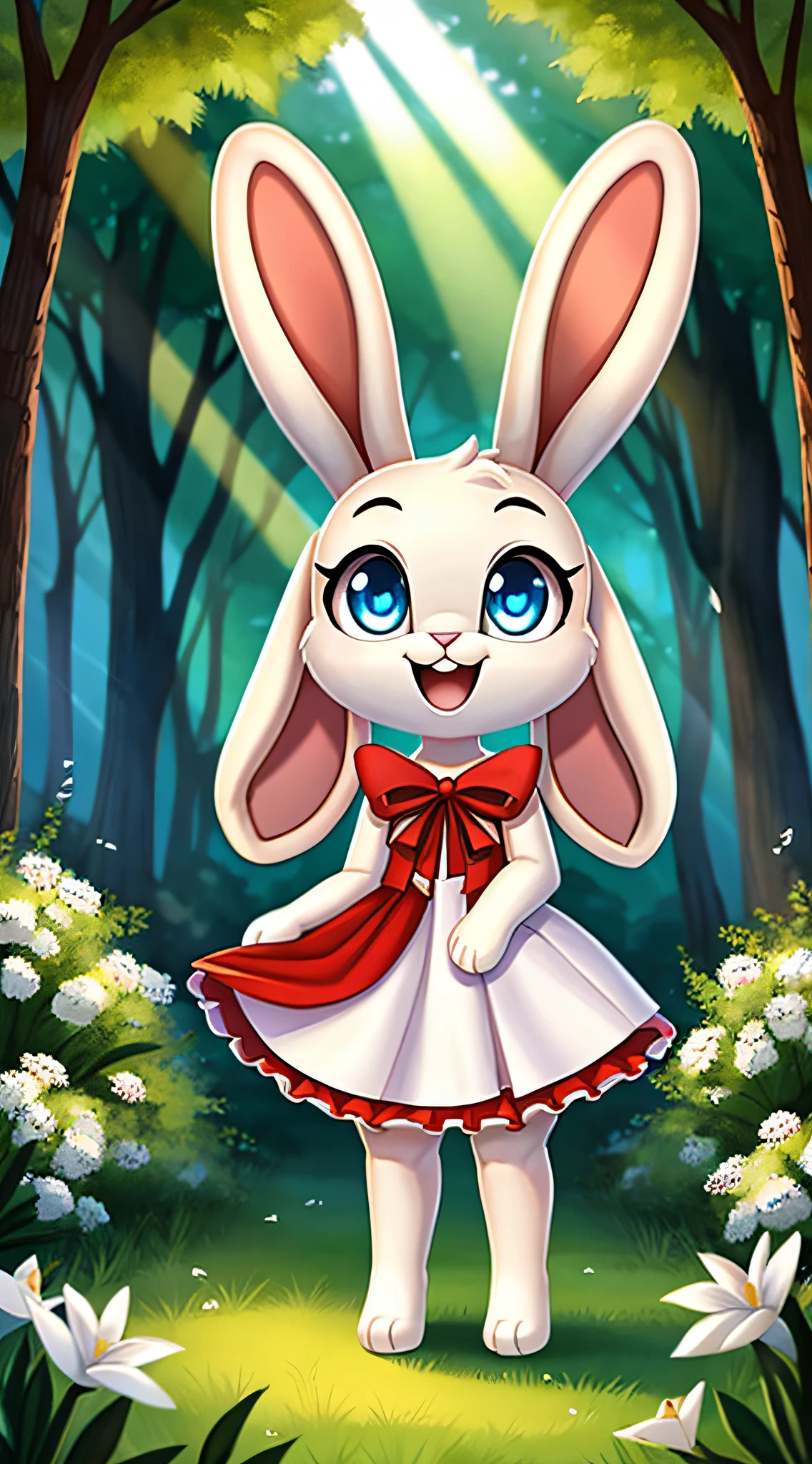 zoomed out image, fantasy style art, cute, adorable, short character, small, tiny little fluffy female white bunny with blue eyes, 4 ears, 2 extra ears, big floppy ears, long ears, ears perked up, raised ears, long eyelashes, poofy rabbit tail, wearing a red frilly ribbon dress, smiling, standing in a forest, big expressive smile, open mouth, wide eyes, excited eyes, excited face, stunning visuals, sunlight coming through the trees, white flowers scattered in the bushes, digital illustration