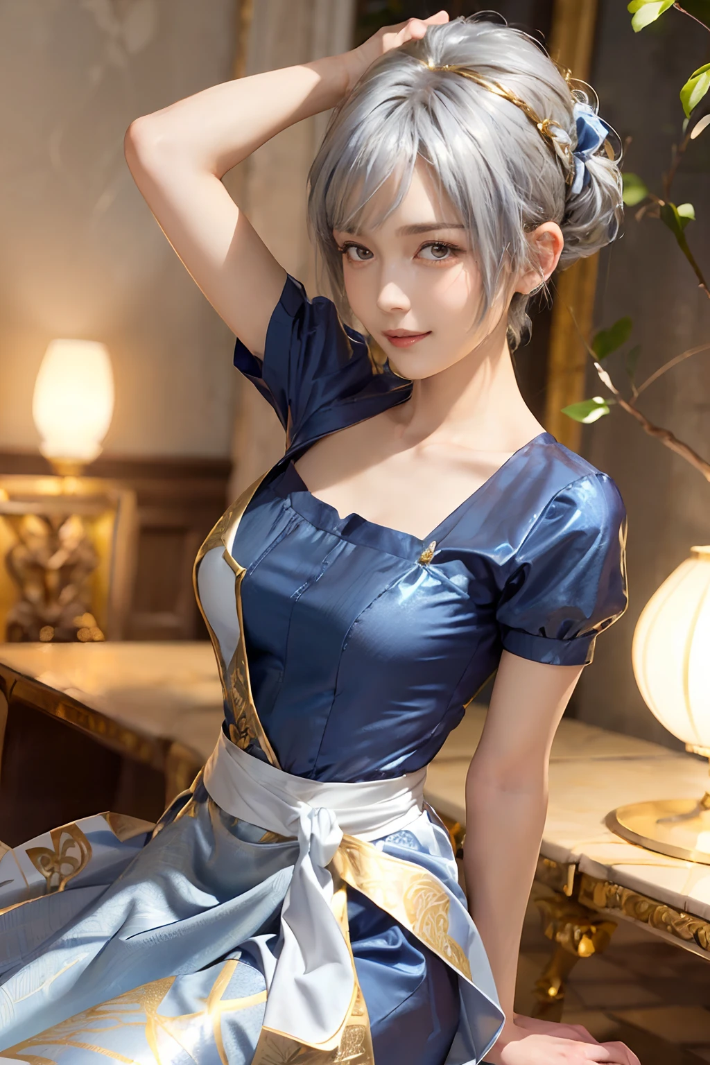((top-quality、8K、masterpiece:1.3)), (a pixie cut, Beautiful hairstyle, Silver hair:1.5)、(Cute pattern in gold leaf, Delicate workmanship, Blue and white fabric:1.4, maid dress:1.5), Clear, Fine-grained skin、Beautiful clear eyes、cleavage of the breast、Carefree and natural smile、(Hair disheveled in the wind:1.3)、Beautiful girl with a smile、(thin-waist:1.3)、(Dynamic and provocative poses:1.2)