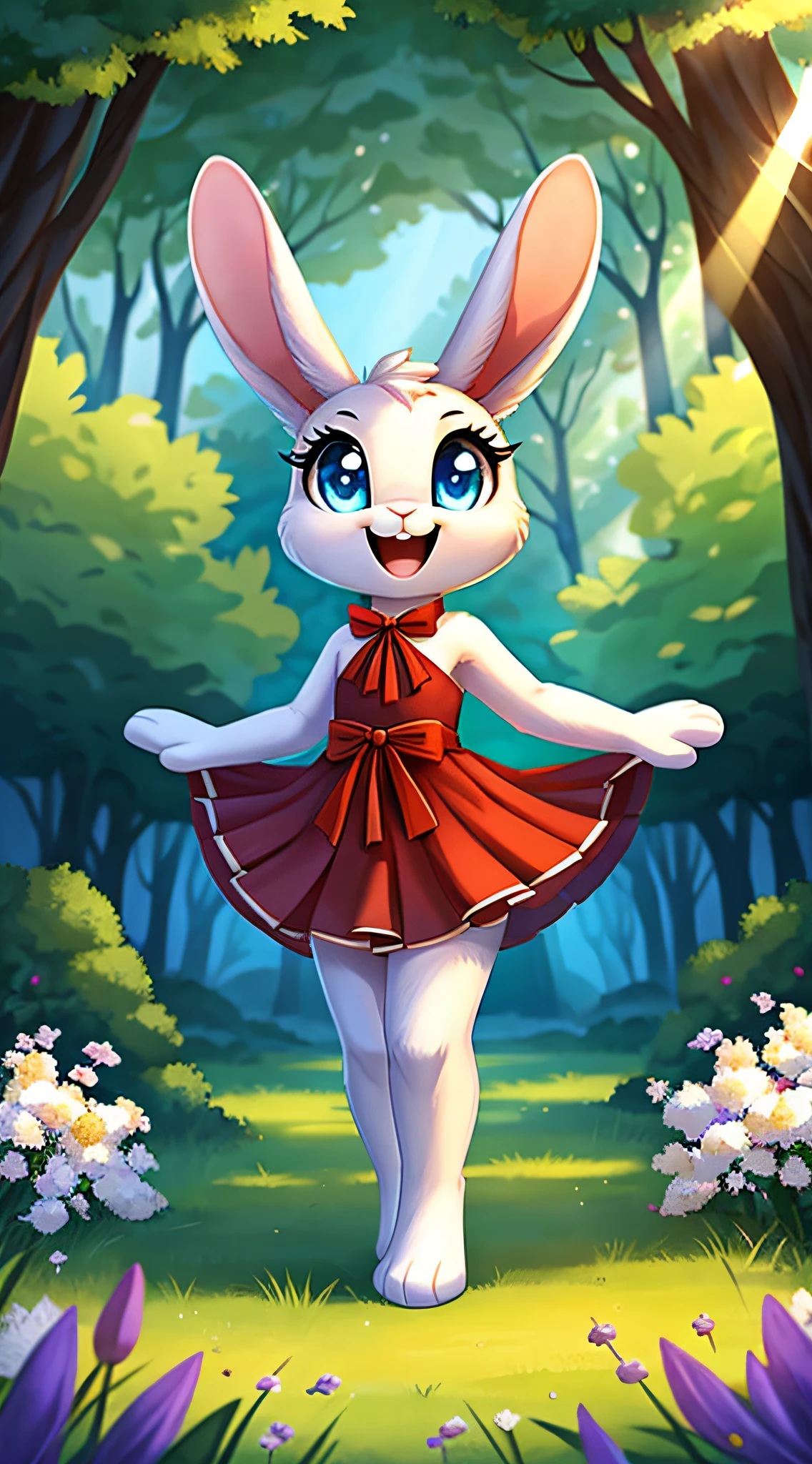 zoomed out image, fantasy style art, cute, adorable, short character, small, tiny little fluffy female white bunny with blue eyes, 4 ears, 2 extra ears, big floppy ears, long ears, ears perked up, raised ears, long eyelashes, poofy rabbit tail, wearing a red frilly ribbon dress, smiling, standing in a forest, big expressive smile, open mouth, wide eyes, excited eyes, excited face, stunning visuals, sunlight coming through the trees, white flowers scattered in the bushes, digital illustration