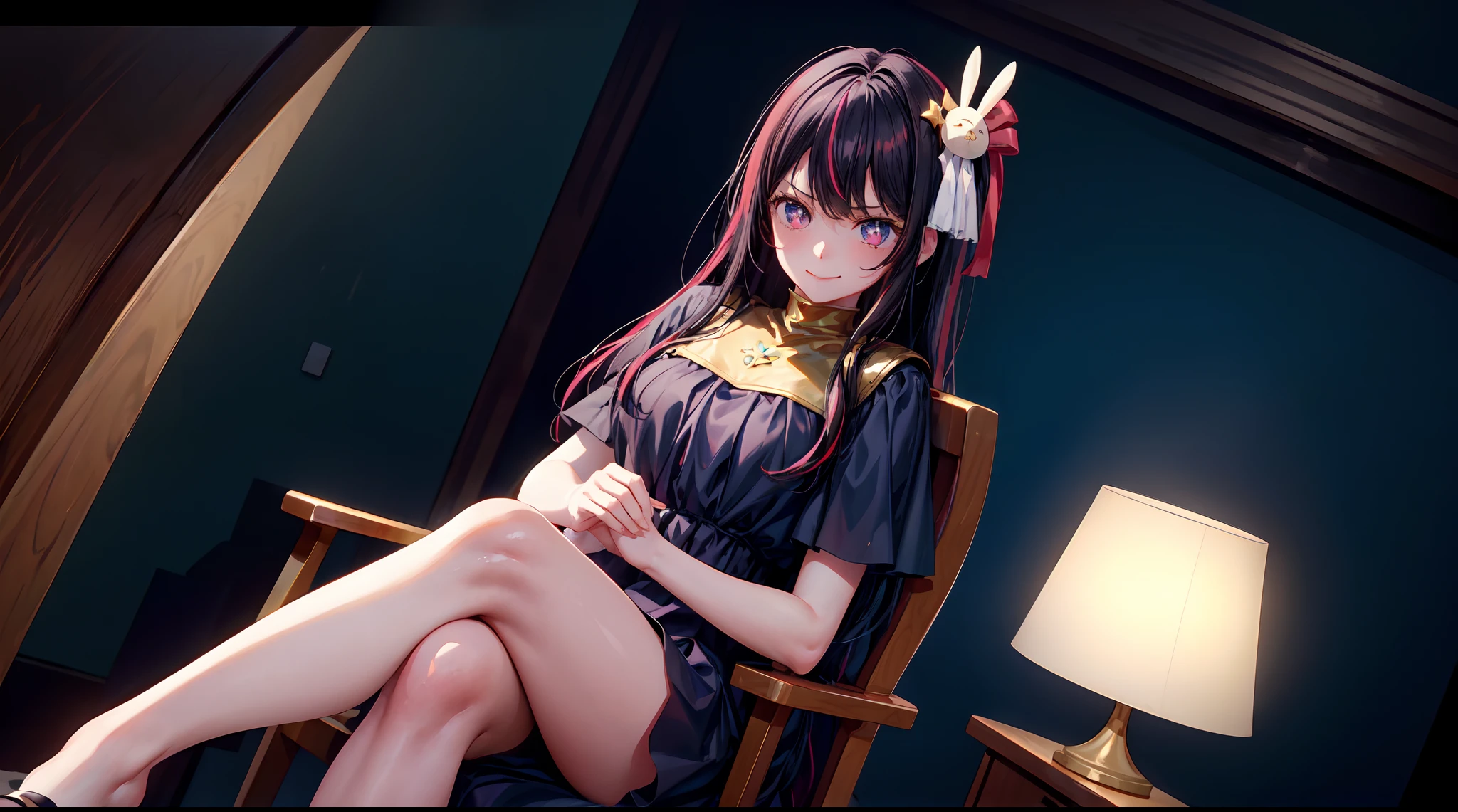 1girl, dark room, sitting, gold gigant throne, queen, crossed legs,short dress,erotic,sexy, looking at viewer, from bellow, smug smile, Hoshino Ai, long hair, purple hair, streaked hair ,purple eyes, star-shaped pupils, hair ornament, purple dress, throne room,undersized clothes,commercial photography,at night, lights, High Detail, Sharp focus, (photorealism), realistic, best quality, 8k, award winning, dramatic lighting, epic, cinematic, masterpiece, rim light, ambient fog:1.3, dutch angle, depth of field,8k uhd, high quality, motion blur, depth blur, cinematic, filmic image 4k, vibrant color,