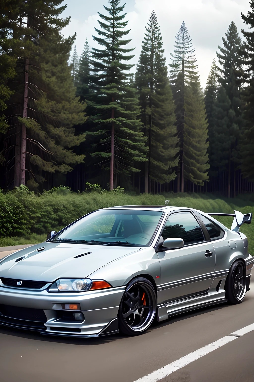 Honda Civic silver colored Coupe late 2000s, black carbon hood, wing, black rims, front side, trees in the background,